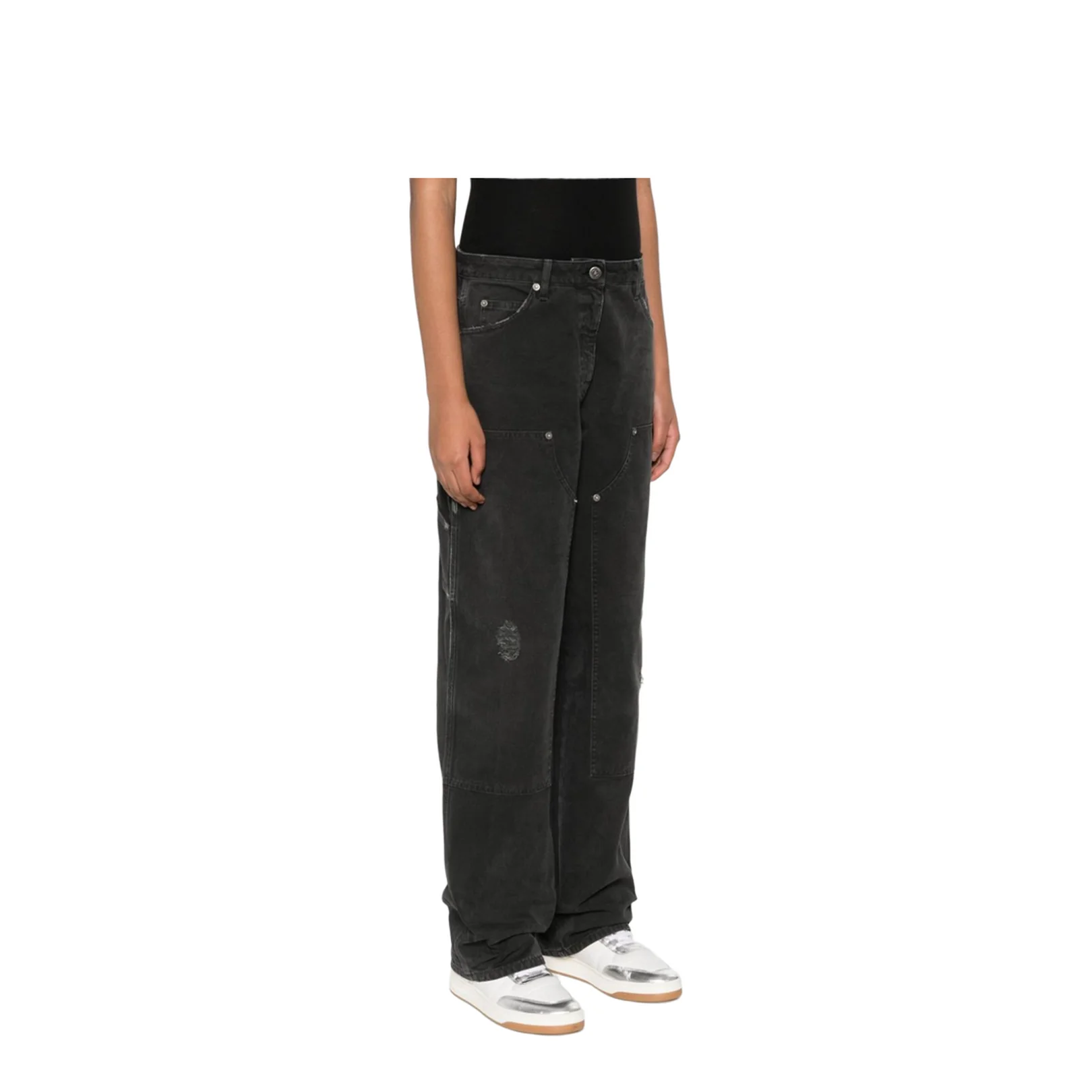 Distressed Black Cotton Jeans with Front Patches - Image 5