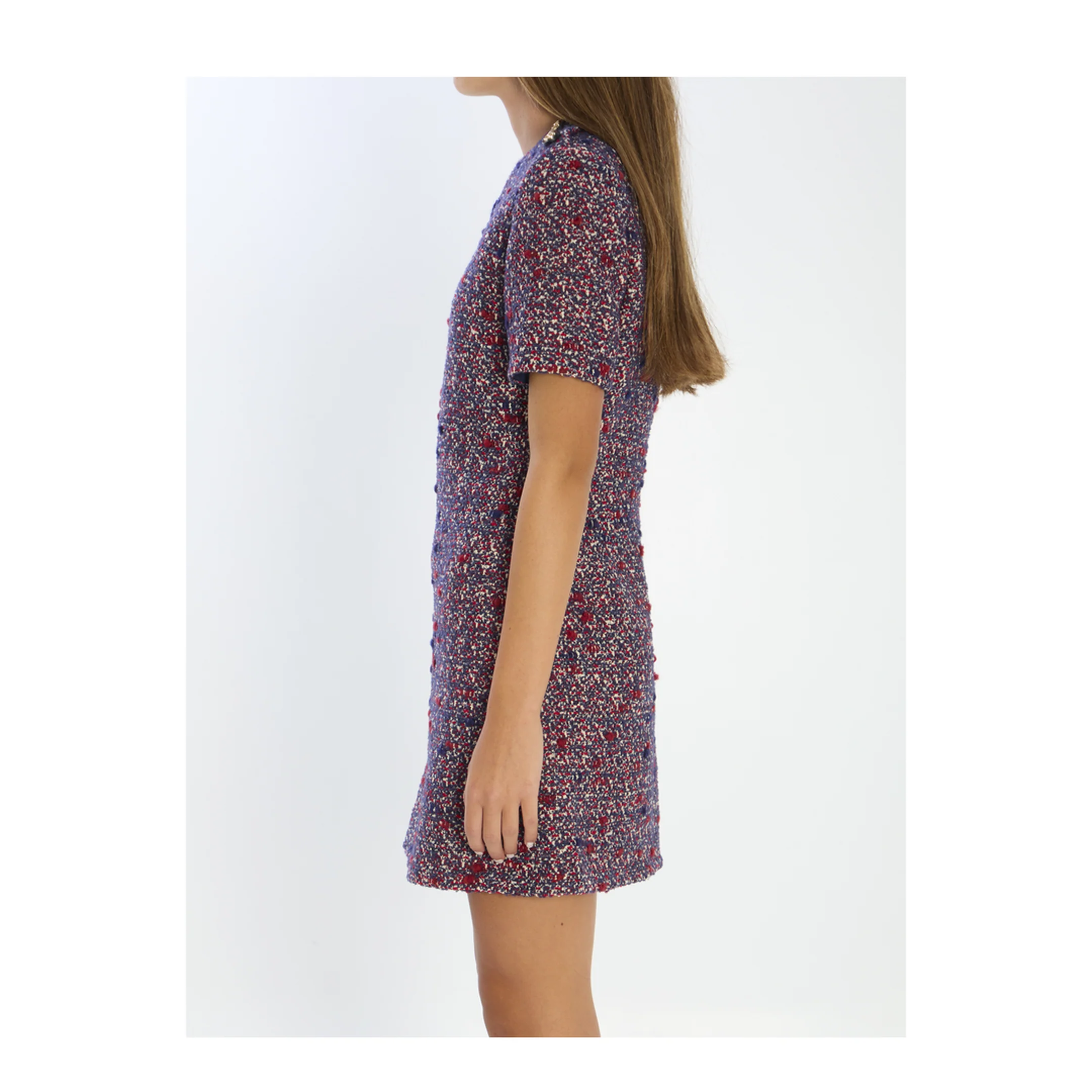 Wool Bouclé Dress in Red and Blue - Image 3