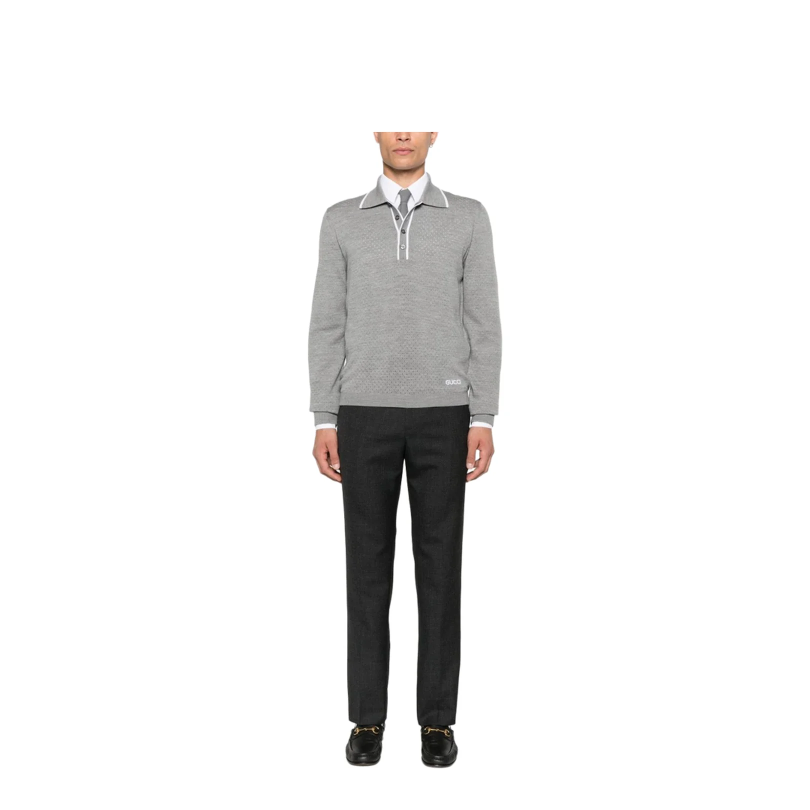 Fine Wool Knit Polo Shirt with Intarsia - Image 4