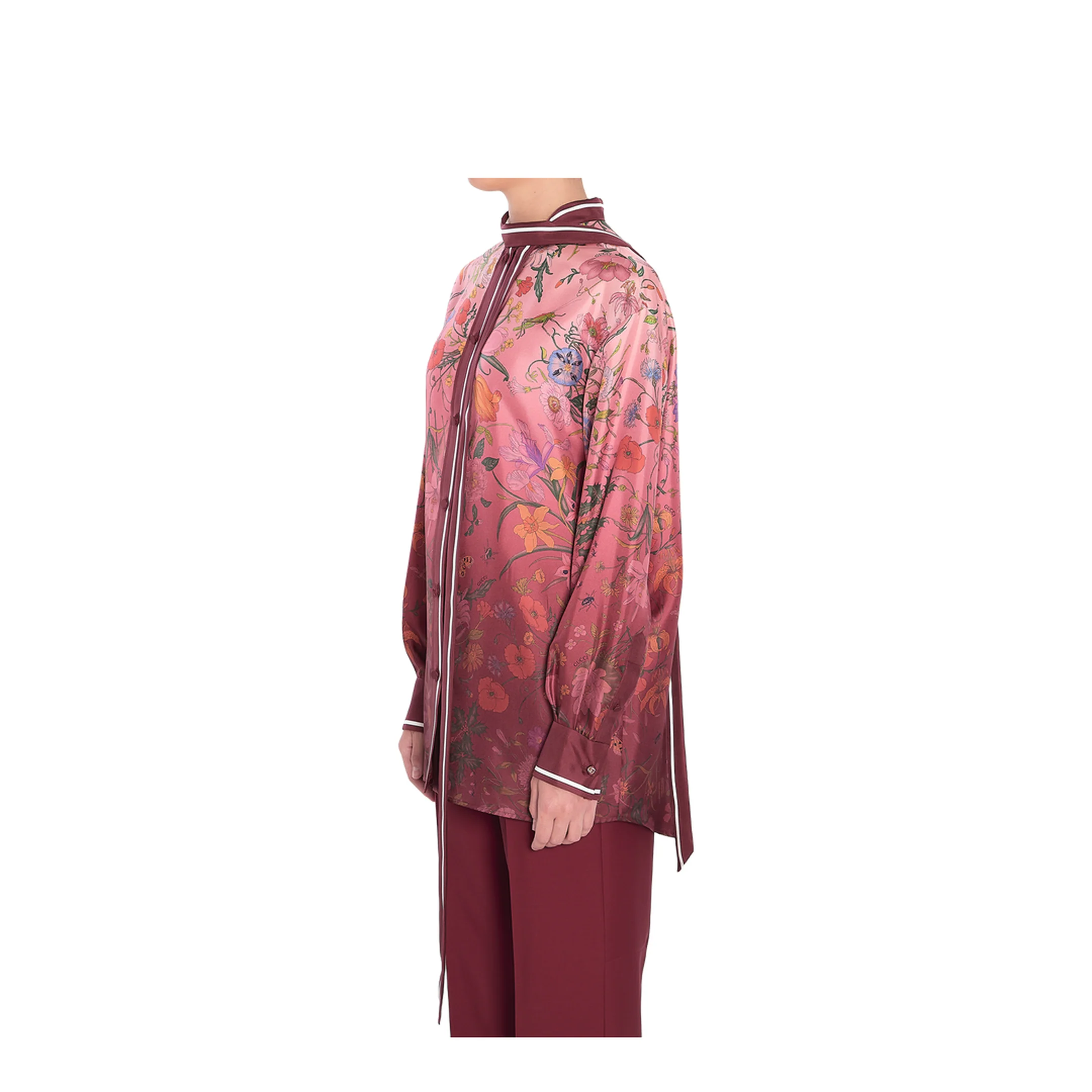 Printed Silk Shirt with Neck Bow in Pink and Rosso Ancora Red - Image 2