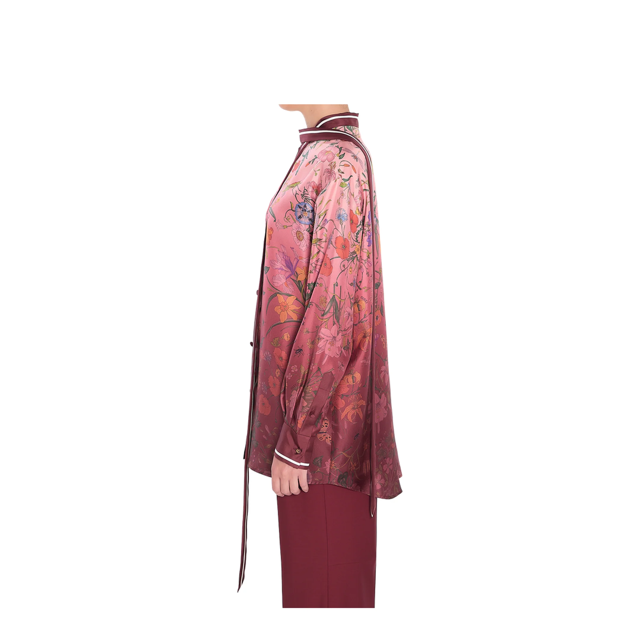 Printed Silk Shirt with Neck Bow in Pink and Rosso Ancora Red - Image 3
