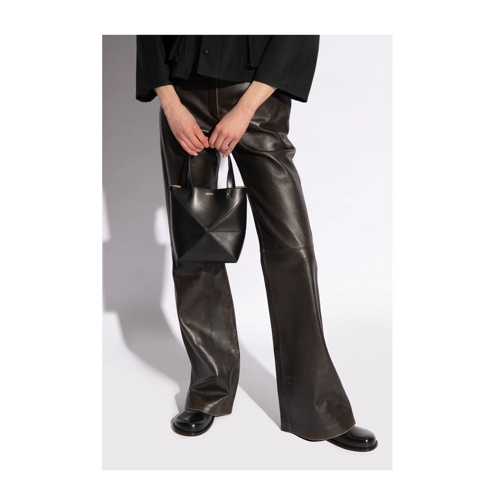 Puzzle Fold Mini Leather Tote Bags - Black - Image 2