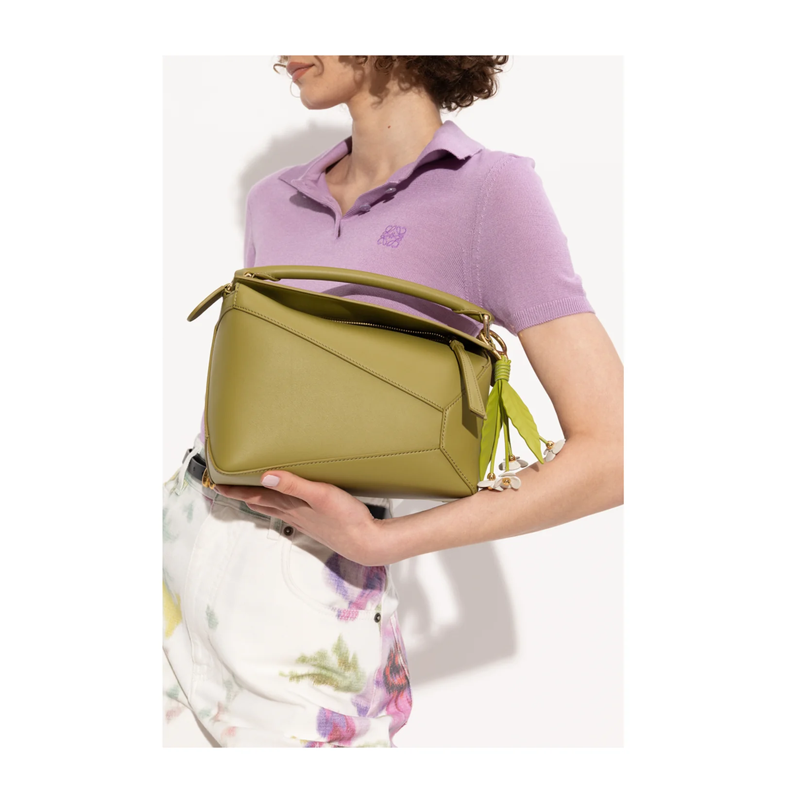 Puzzle Edge Small Calfskin Shoulder Bags - Green Light Moss - Image 2