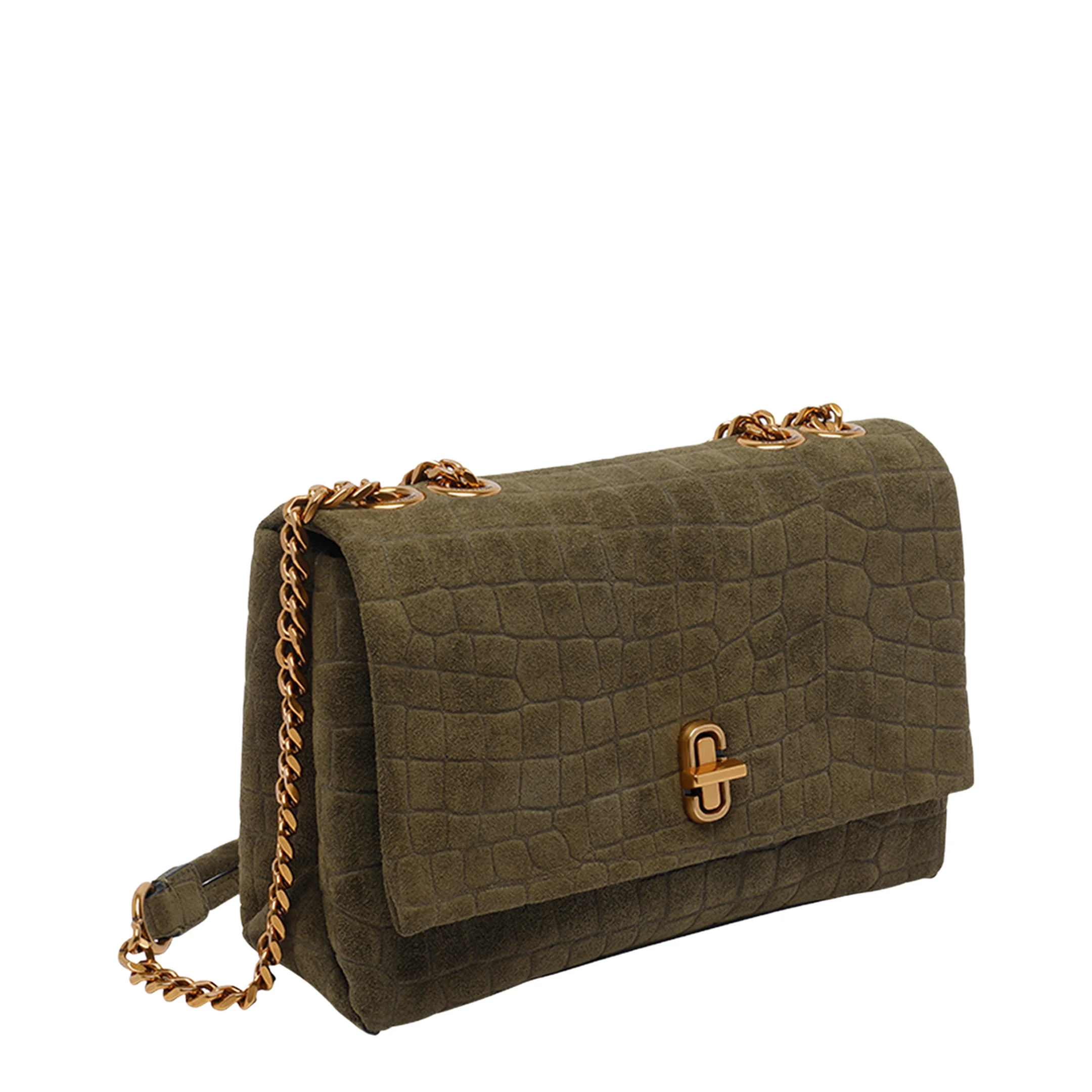 Slim Croc Suede Dual Chain Shoulder Bag - Olive Green - Image 2