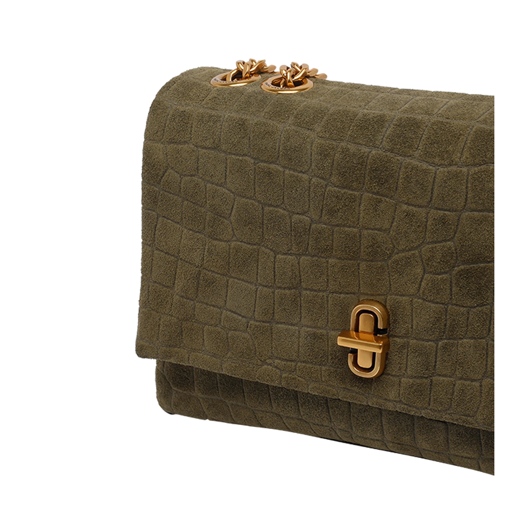 Slim Croc Suede Dual Chain Shoulder Bag - Olive Green - Image 4