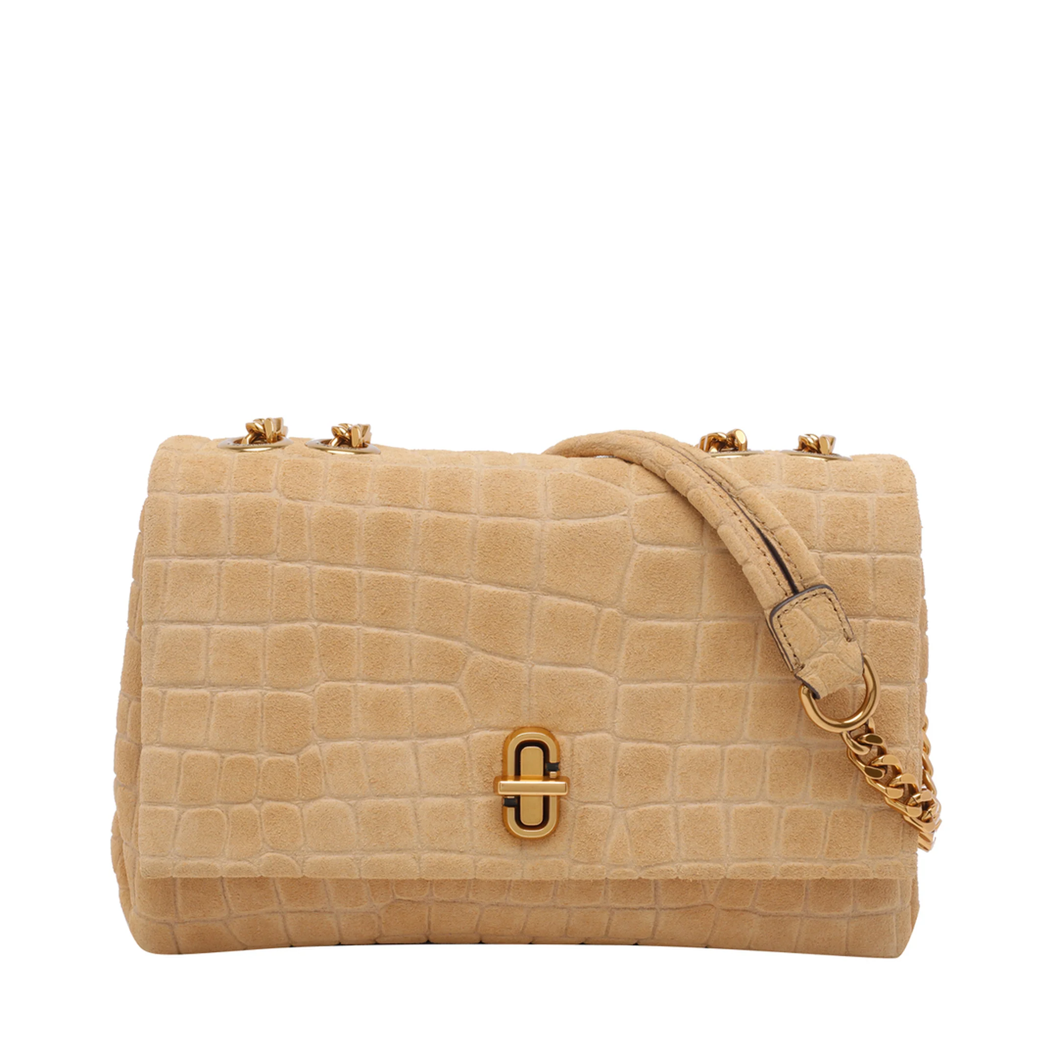 Slim Croc Suede Dual Chain Shoulder Bag - Brown