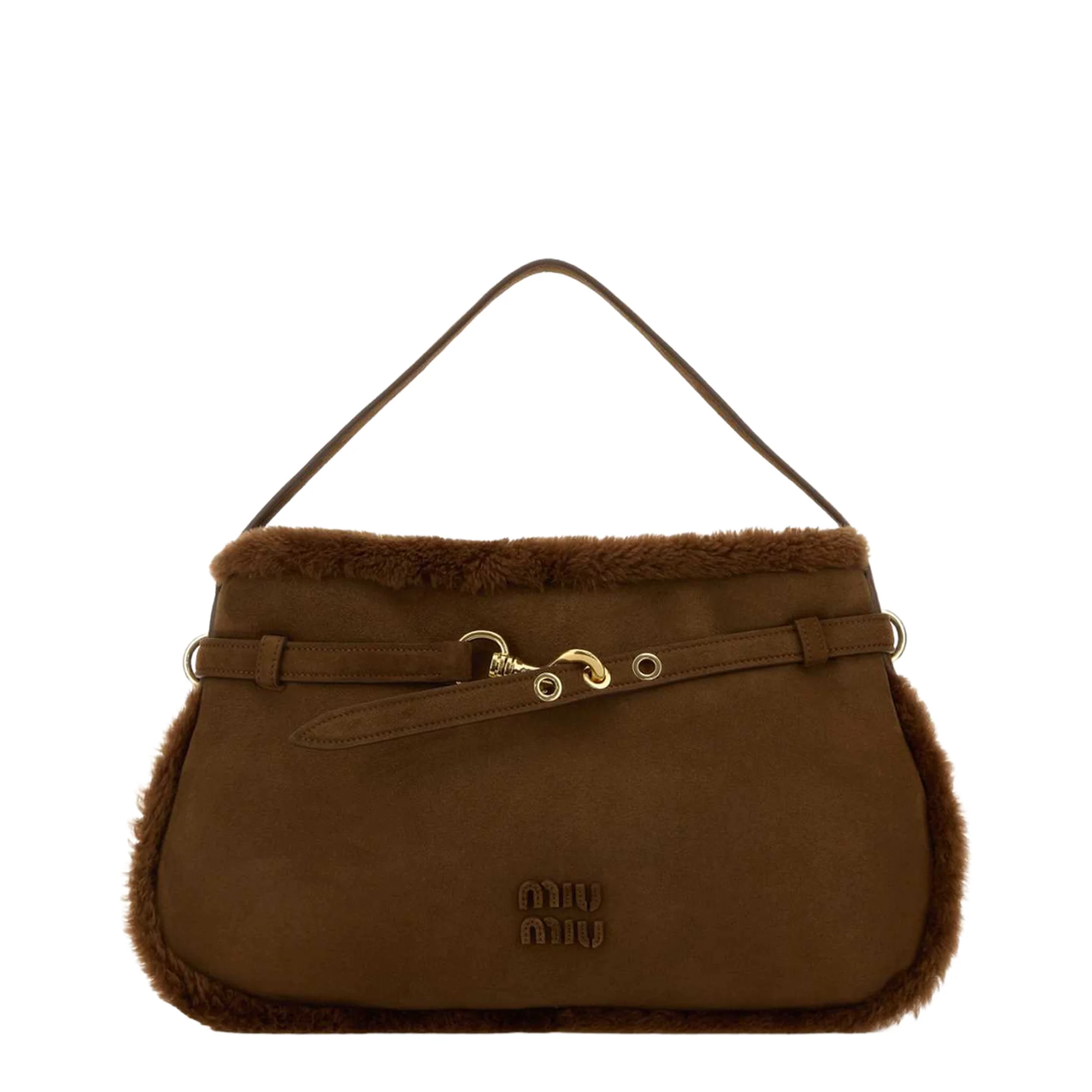 Drawstring Shearling Shoulder Bag - Brown