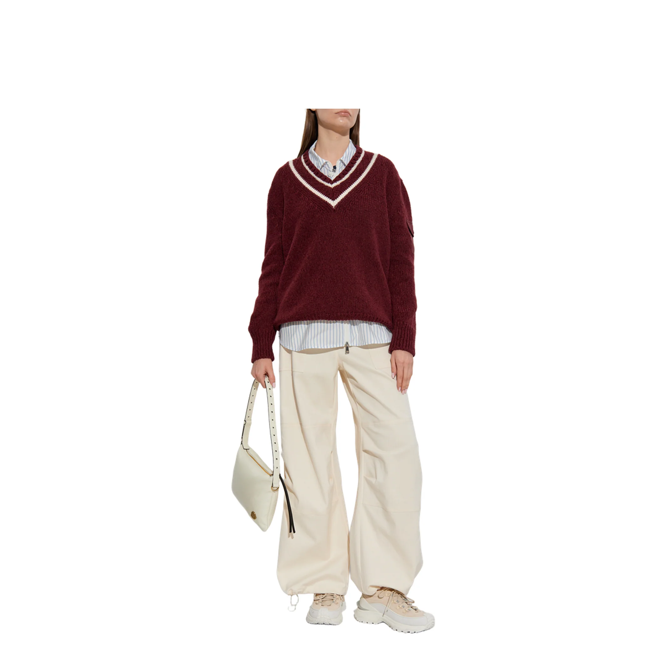 Burgundy Padded V-Neck Cotton & Wool Blend Jumper - Image 2