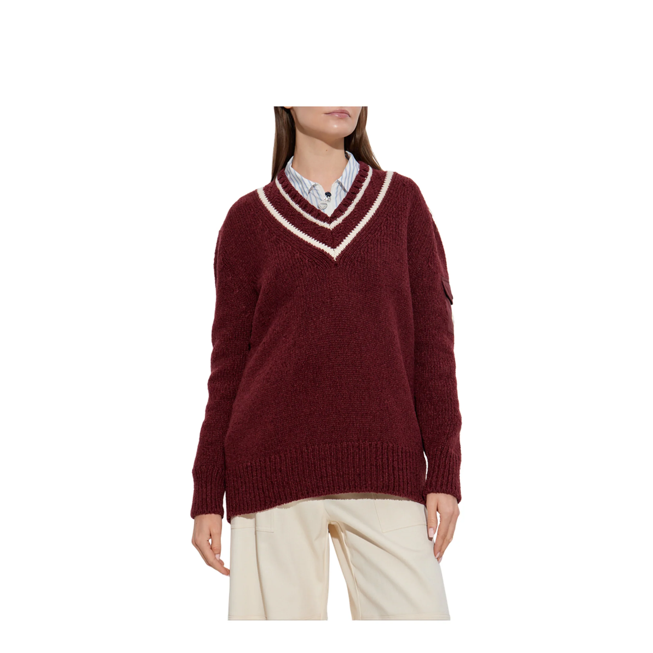 Burgundy Padded V-Neck Cotton & Wool Blend Jumper - Image 3
