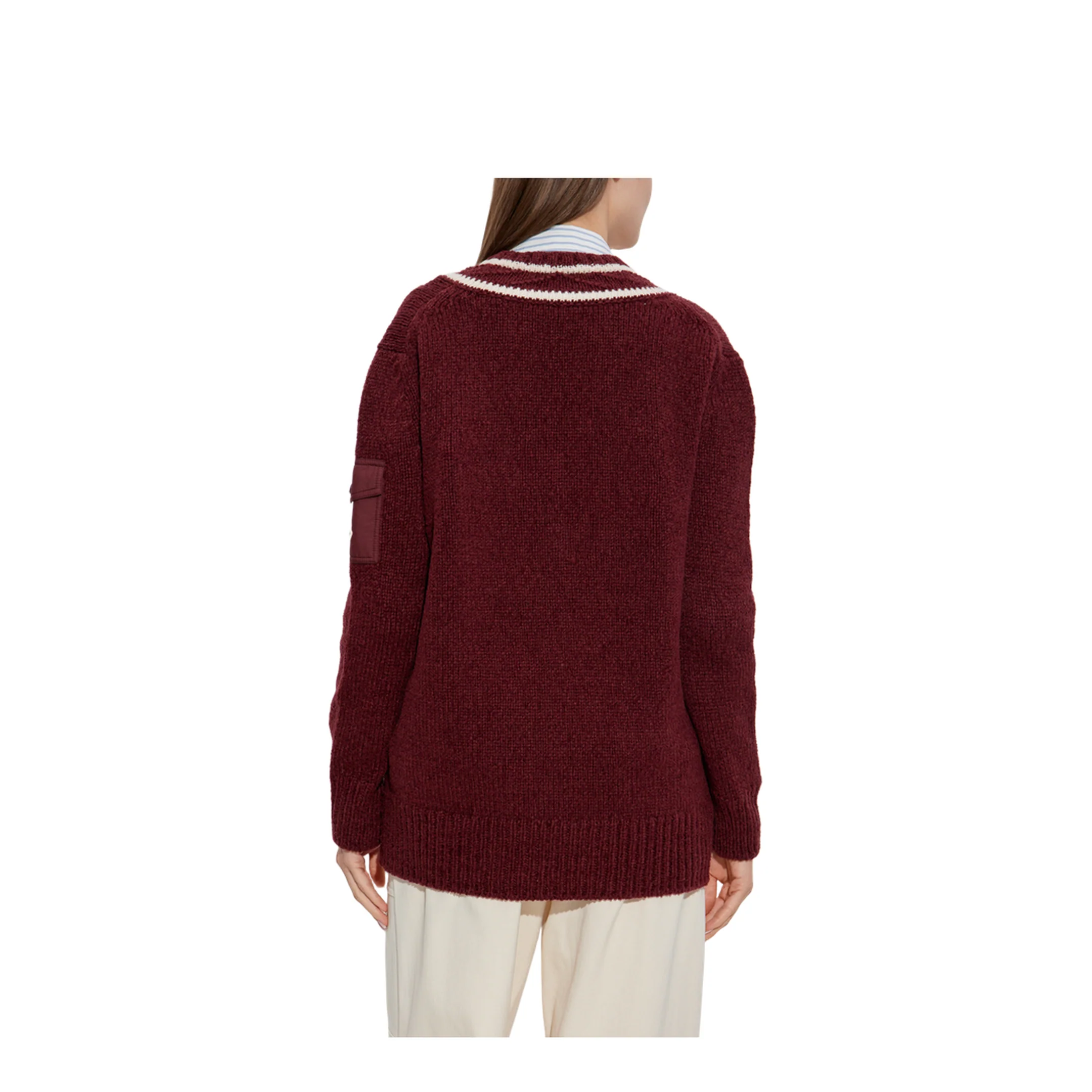Burgundy Padded V-Neck Cotton & Wool Blend Jumper - Image 4