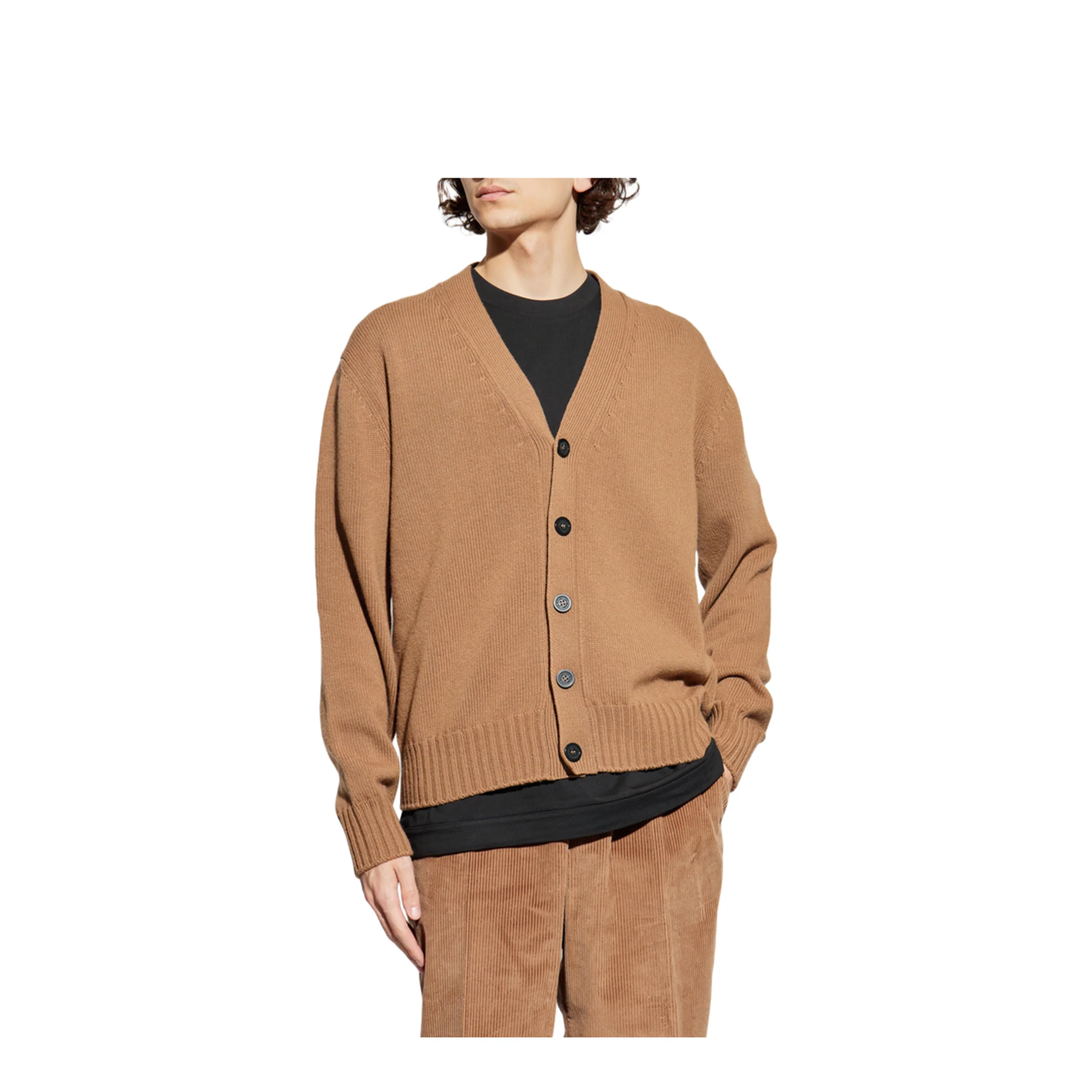 Camel Beige V-Neck Wool Cardigan - Image 3