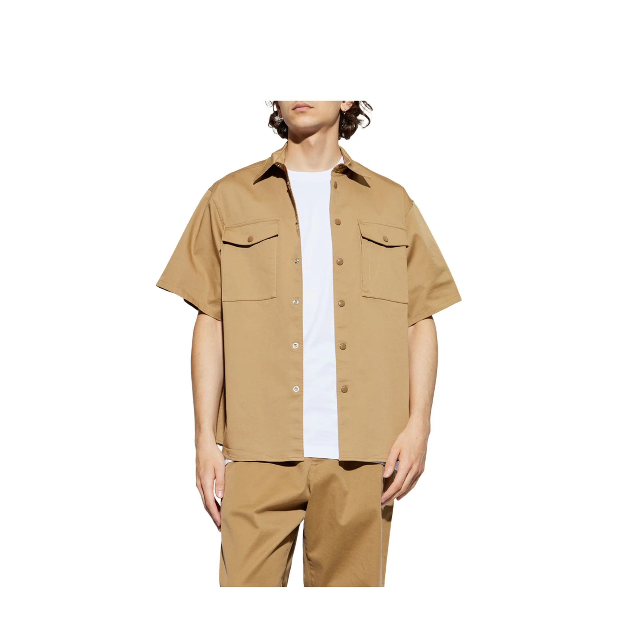 Beige Cotton Gabardine Short Sleeve Shirt - Image 3