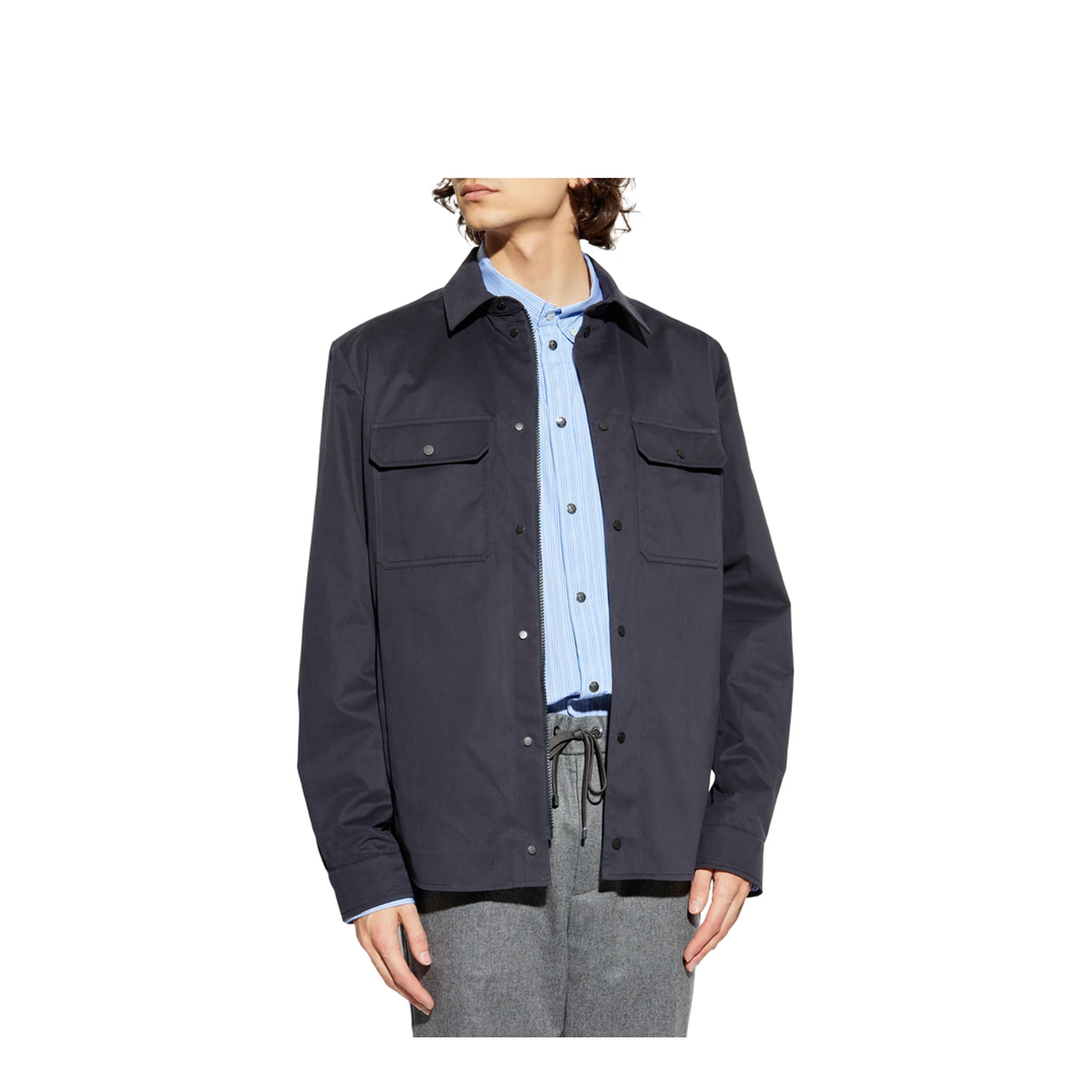 Navy Blue Cotton Gabardine Long Sleeve Shirt - Image 3