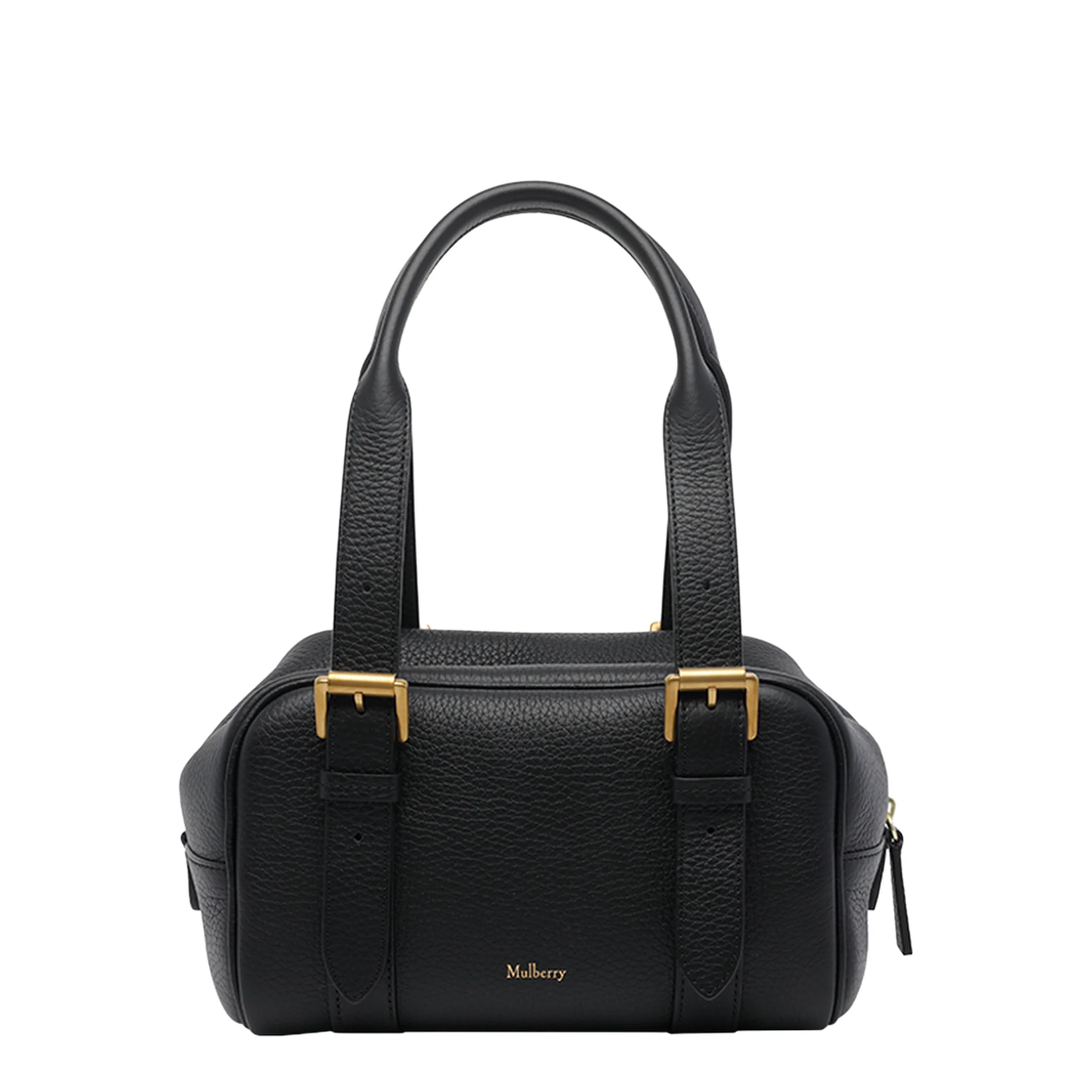 Small Heavy Grain Leather Boston Bag - Black