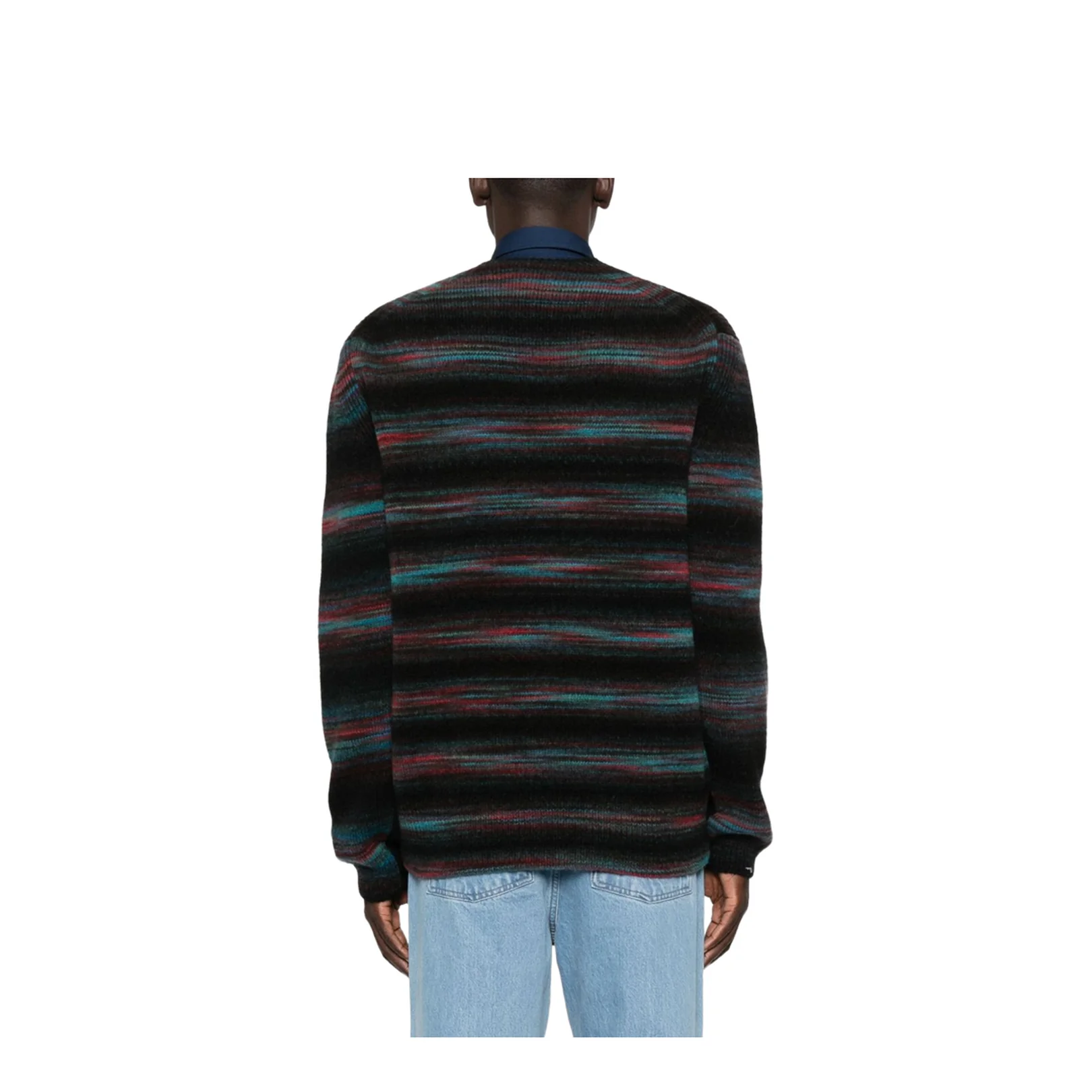 Black V-neck Sweater with Horizontal Stripes - Image 2