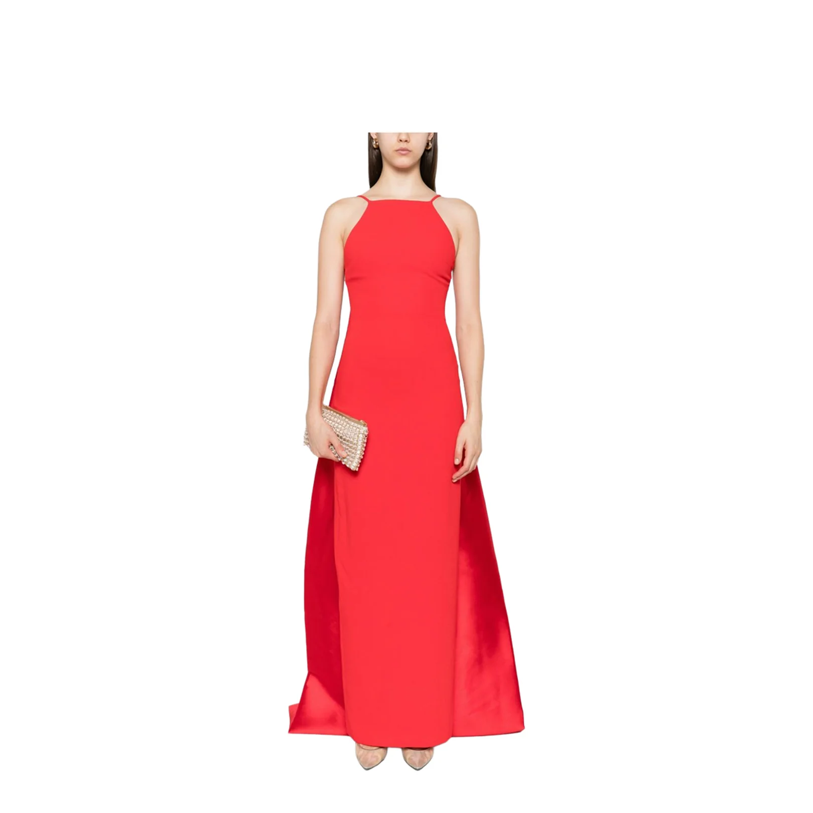 Halterneck Sleeveless Fitted Bodice Floor-Length Skirt Train Detail Dress - Image 3