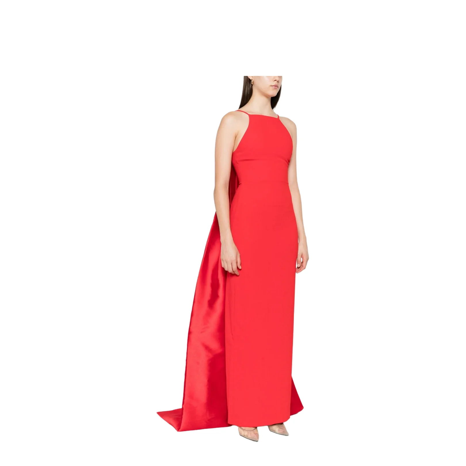 Halterneck Sleeveless Fitted Bodice Floor-Length Skirt Train Detail Dress - Image 4