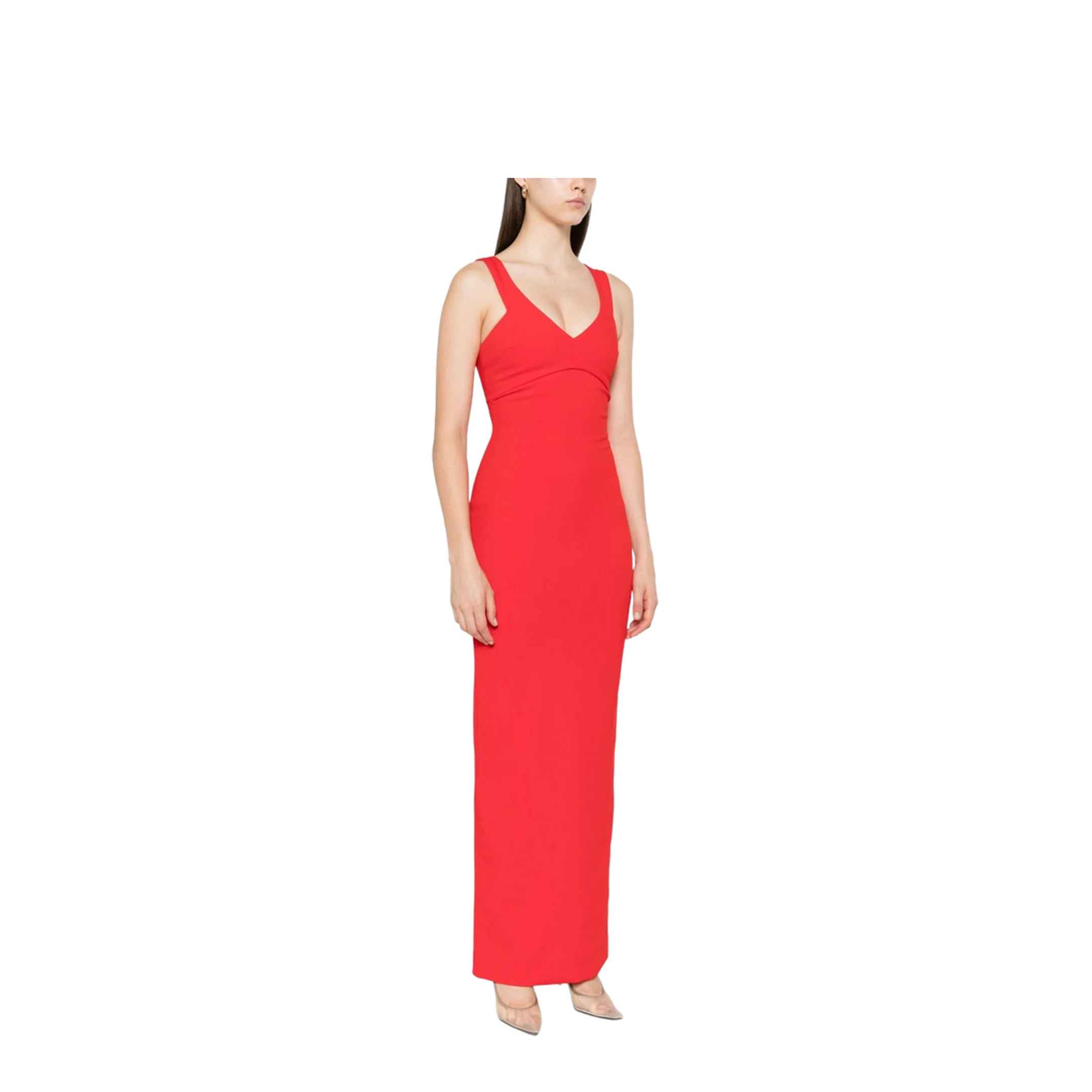 Red Sleeveless Design V-Neckline Fitted Bodice Maxi Length Straight Skirt - Image 2