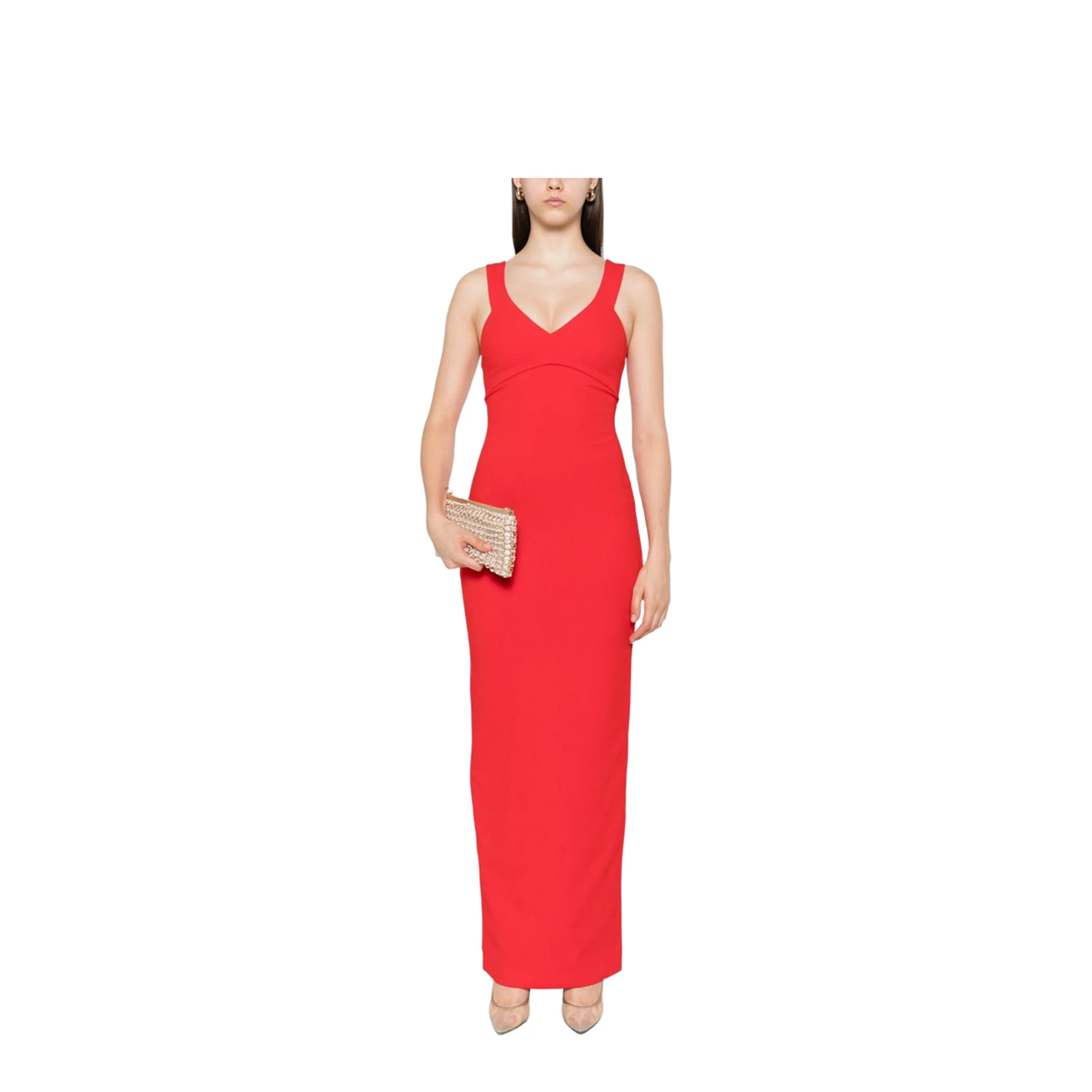 Red Sleeveless Design V-Neckline Fitted Bodice Maxi Length Straight Skirt - Image 5