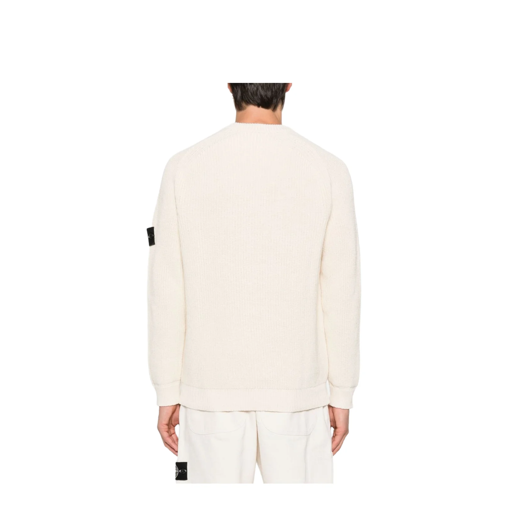 Beige Ribbed Knit Crew Neck Long Sleeves Compass Badge Cotton - Image 3