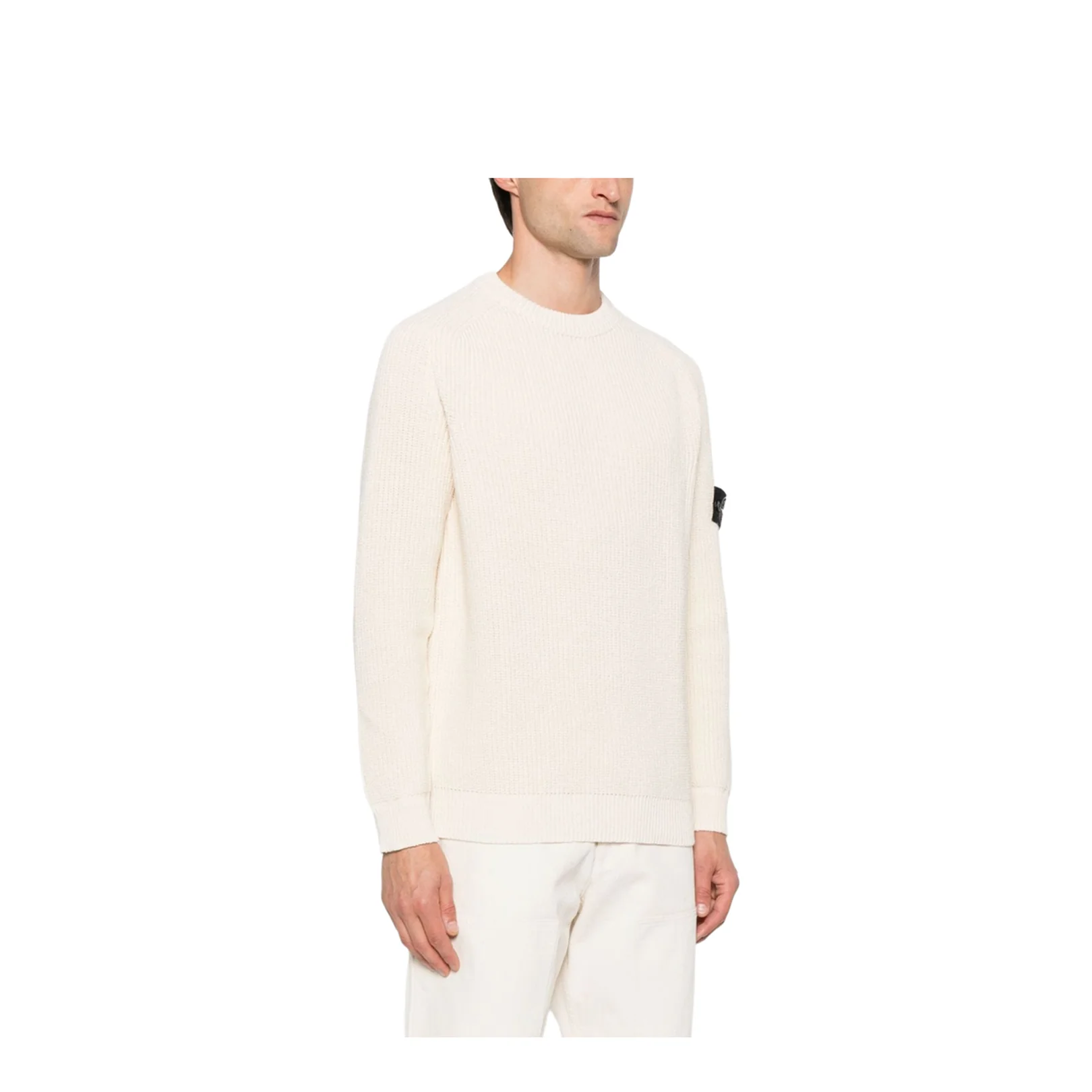 Beige Ribbed Knit Crew Neck Long Sleeves Compass Badge Cotton - Image 4