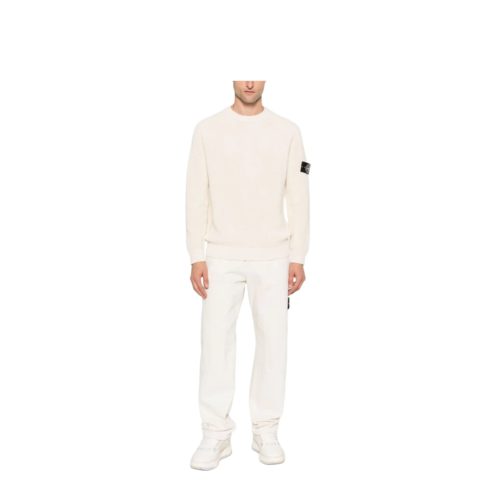 Beige Ribbed Knit Crew Neck Long Sleeves Compass Badge Cotton - Image 5