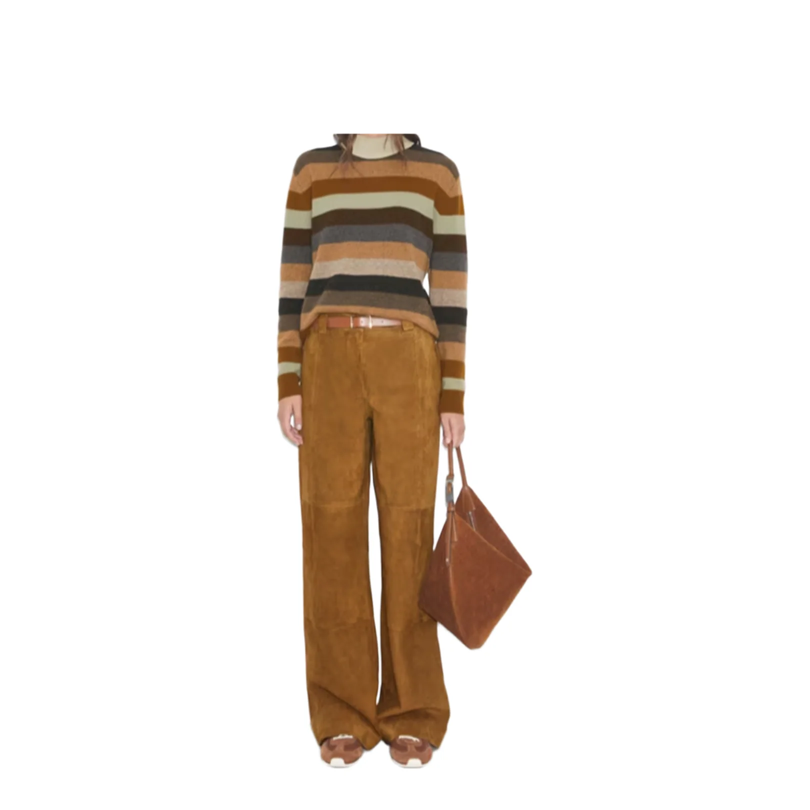Brown Pants With Belt Loops And Insert Design In Suede - Image 2
