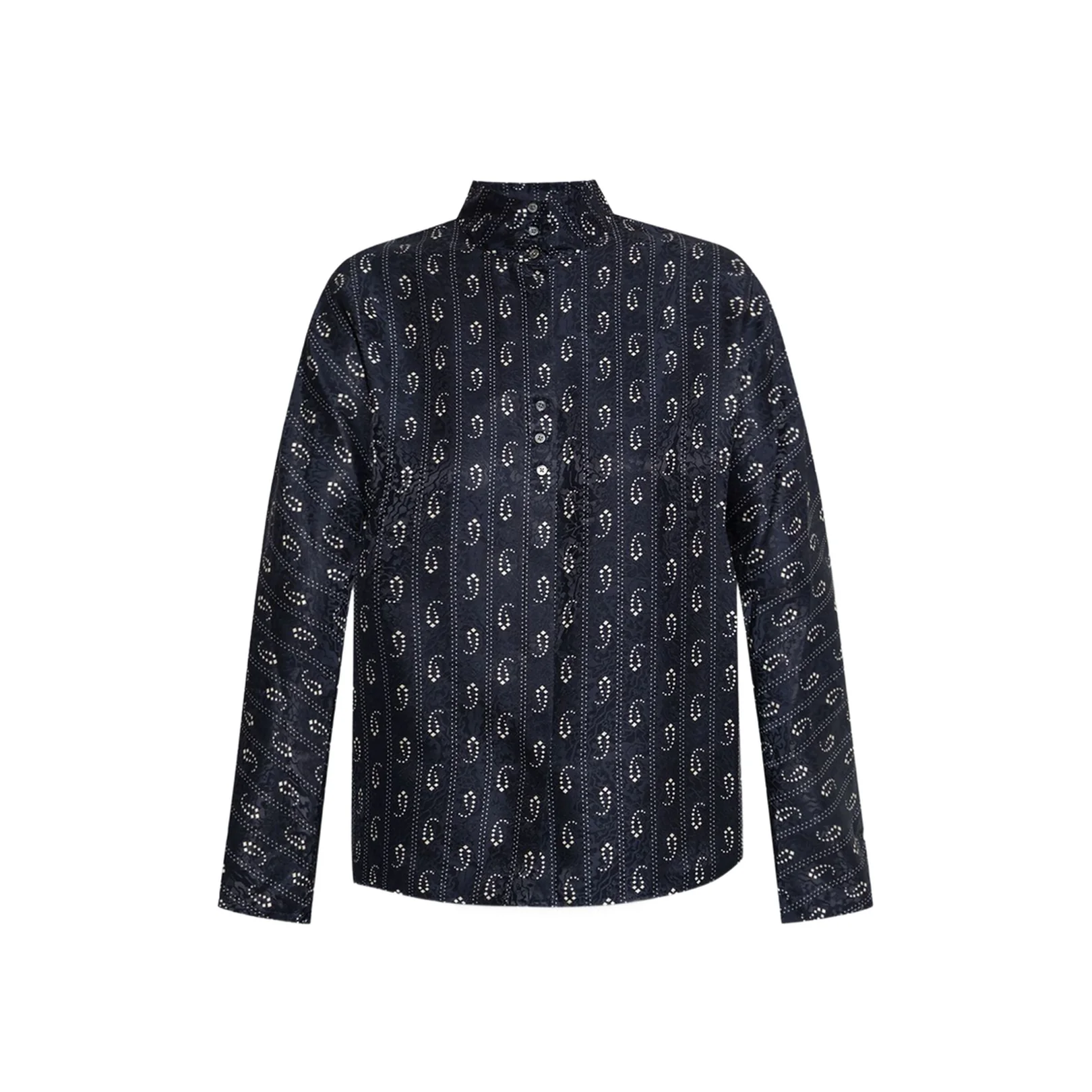 Navy Blue Paisley Print Button Fastening Mandarin Collar Long Sleeves