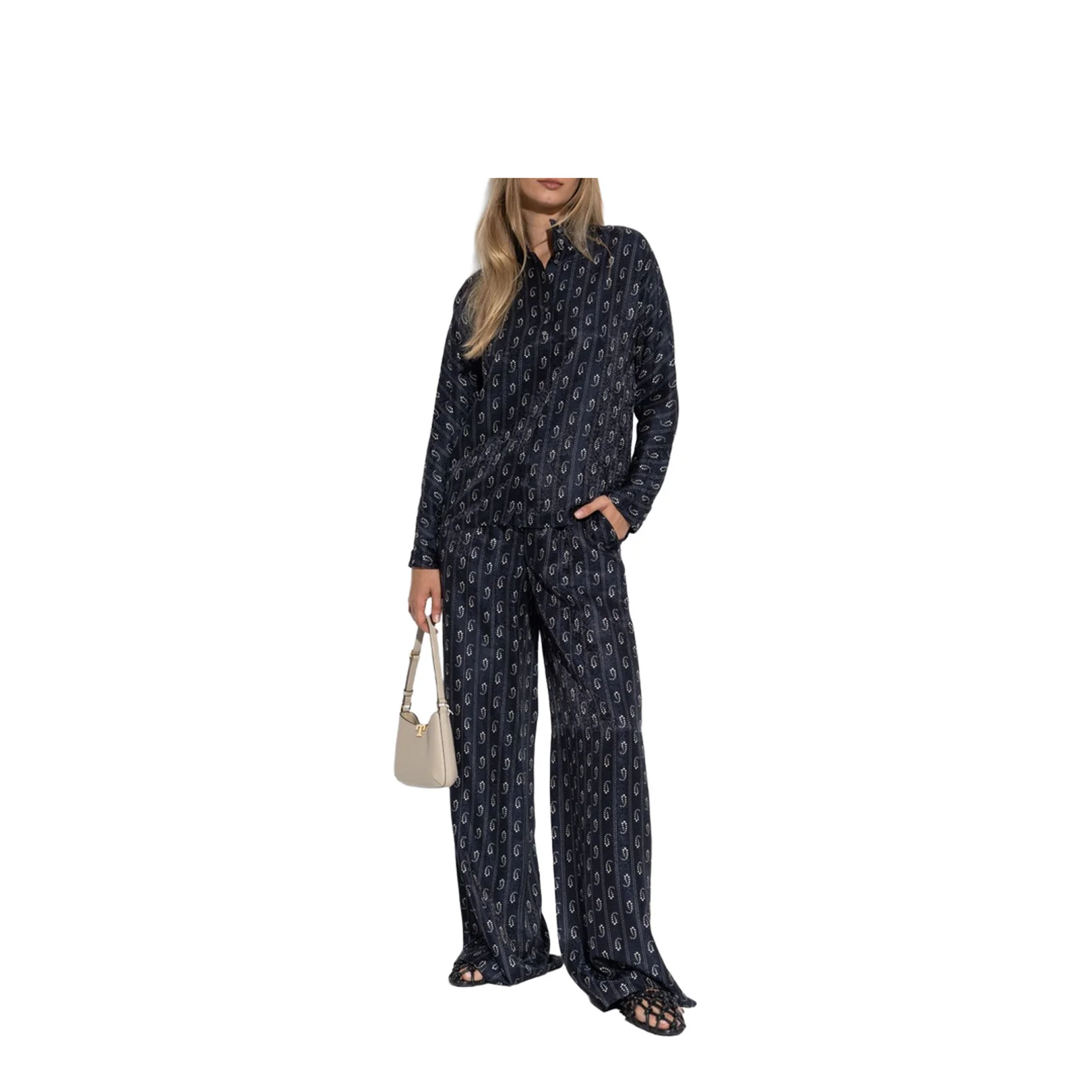 Navy Blue Paisley Print Button Fastening Mandarin Collar Long Sleeves - Image 5