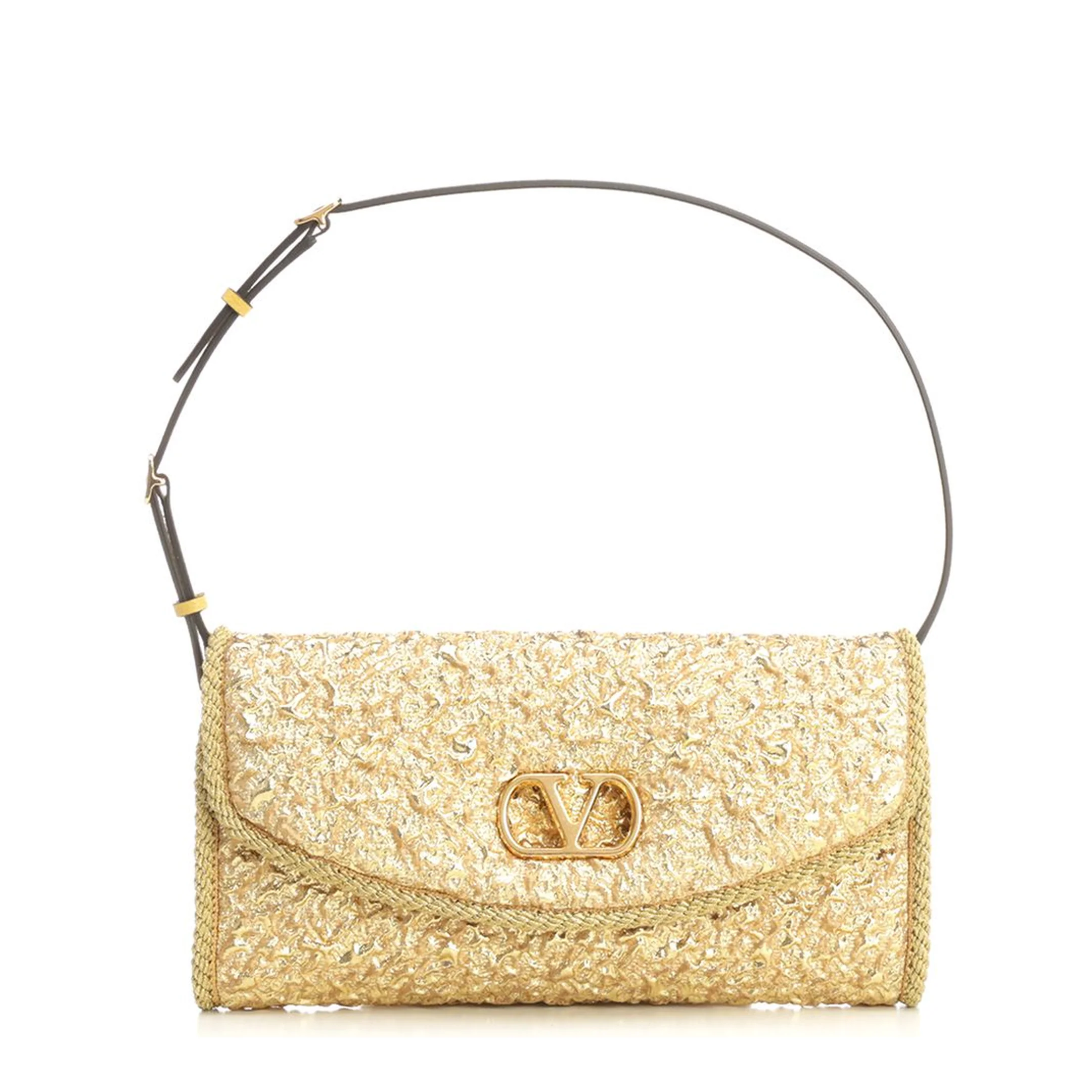 Leather-Trimmed Cloqué Small Shoulder Bag - Gold