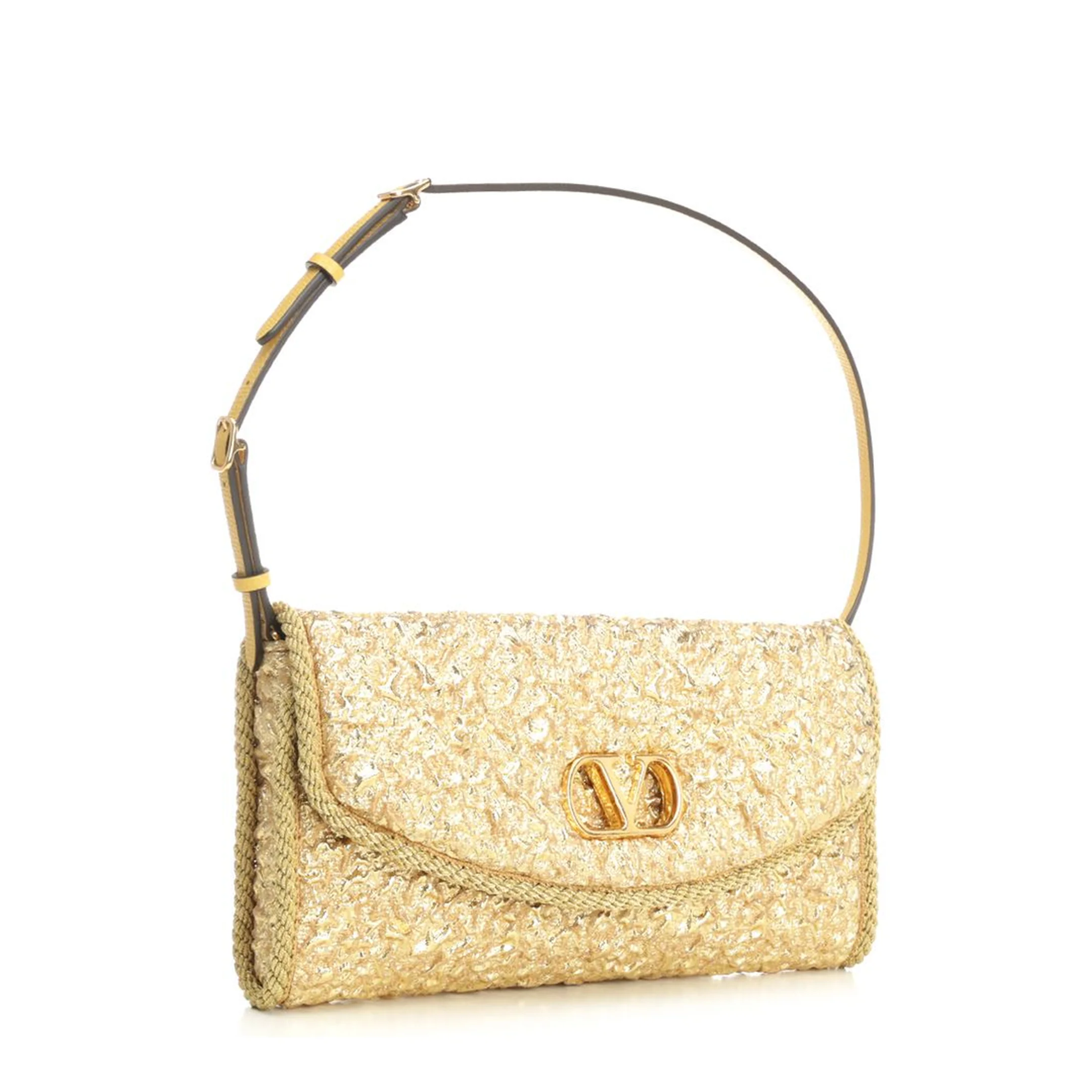 Leather-Trimmed Cloqué Small Shoulder Bag - Gold - Image 2