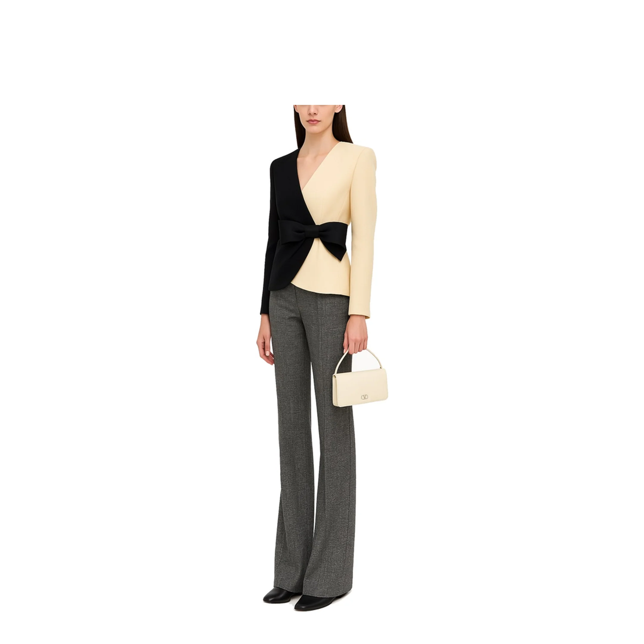 Color Block Bow Wool Chiffon Coat - Image 2