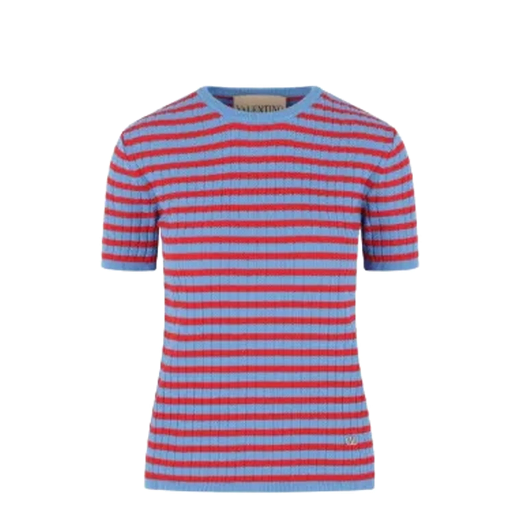 Ribbed Striped Cotton T-Shirt Blue/Red - Image 2