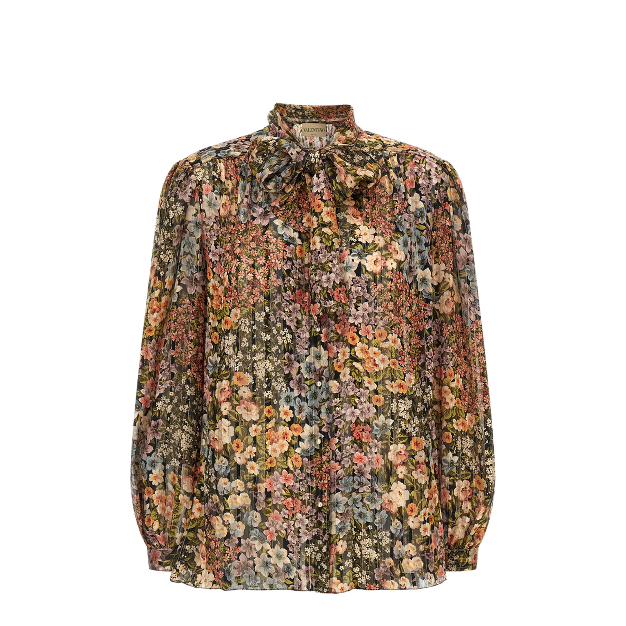 Floral Metallic Crinkle Bow-Neck Top