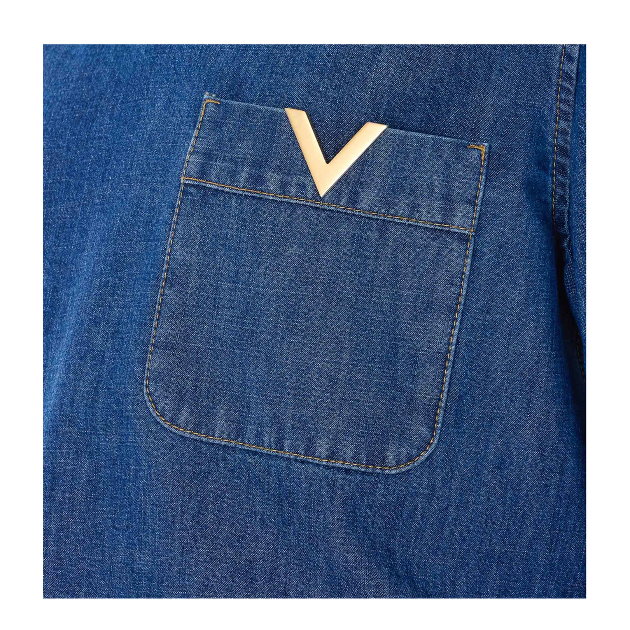 V-Neck Pocket Denim Shirt Blue - Image 3