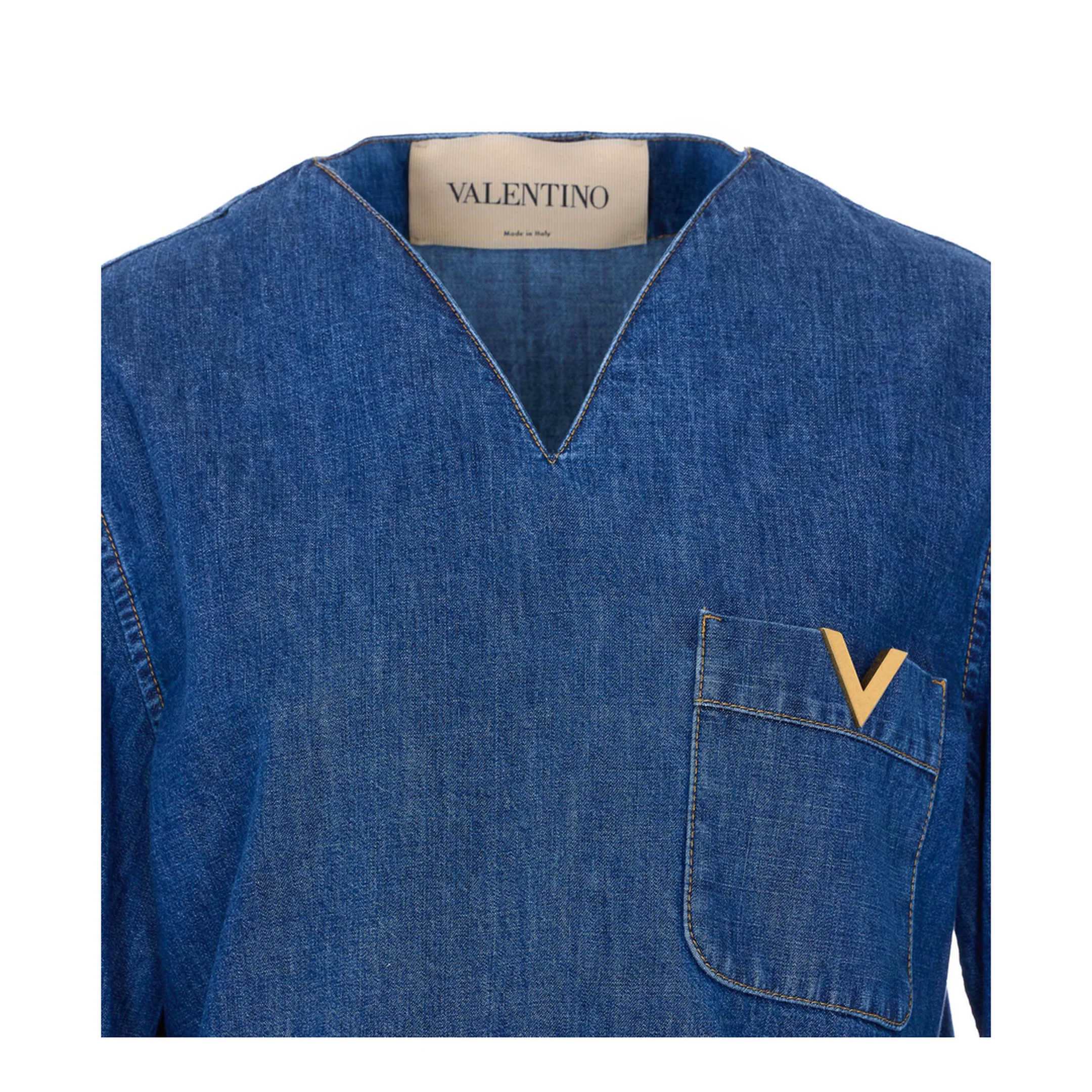 V-Neck Pocket Denim Shirt Blue - Image 4