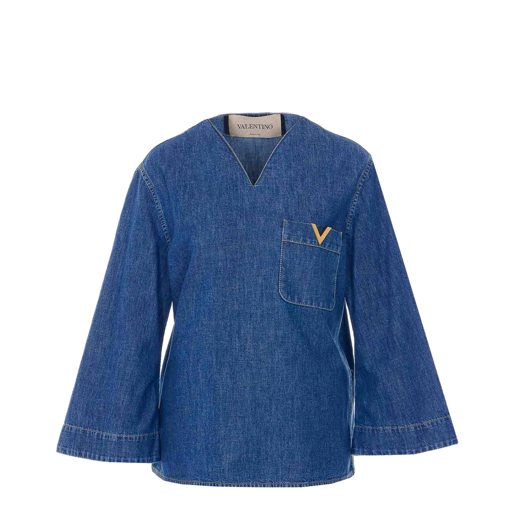 V-Neck Pocket Denim Shirt Blue - Image 5