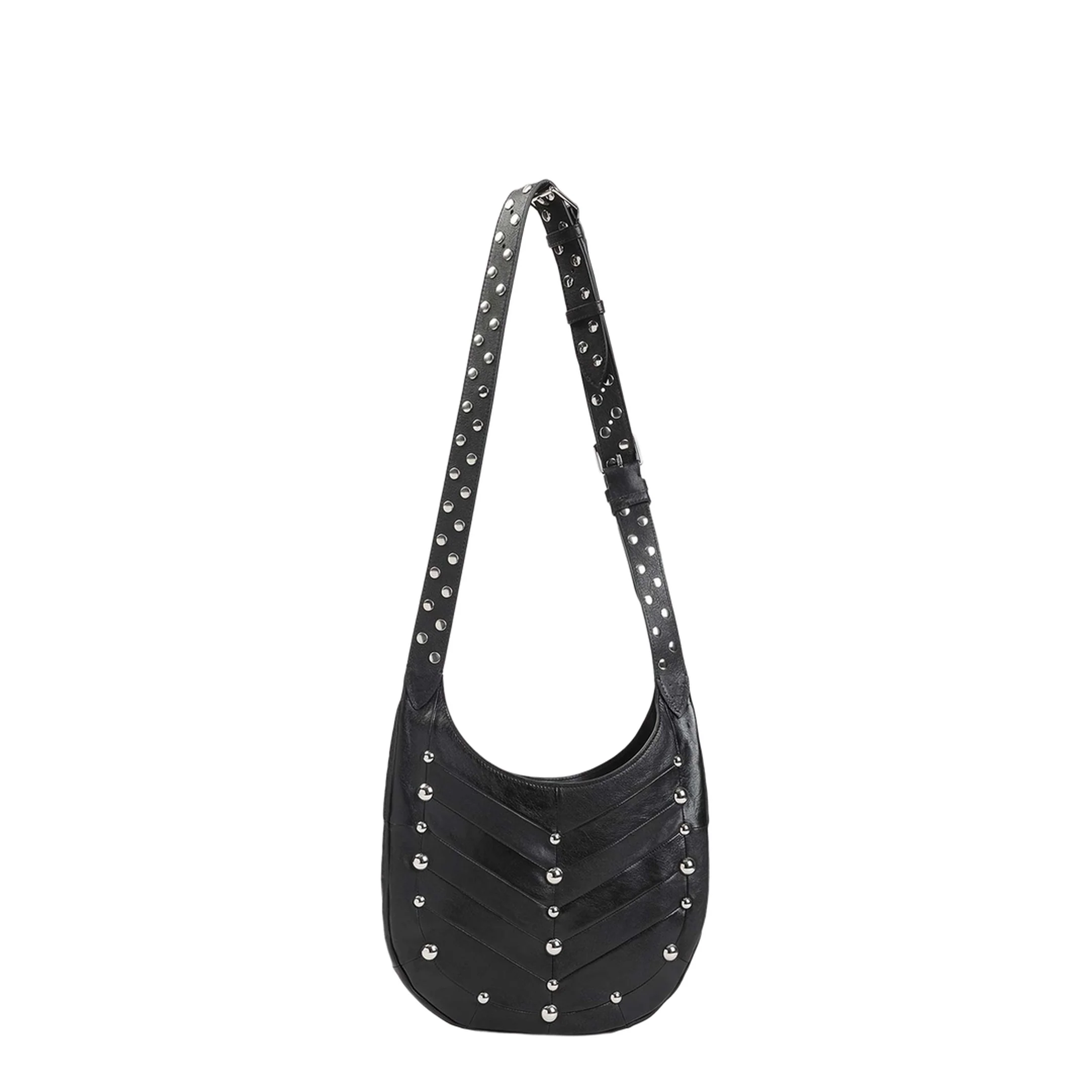 Hoboho Nappa Leather Hobo Bag With Chevron Pattern And Studs Black - Image 4