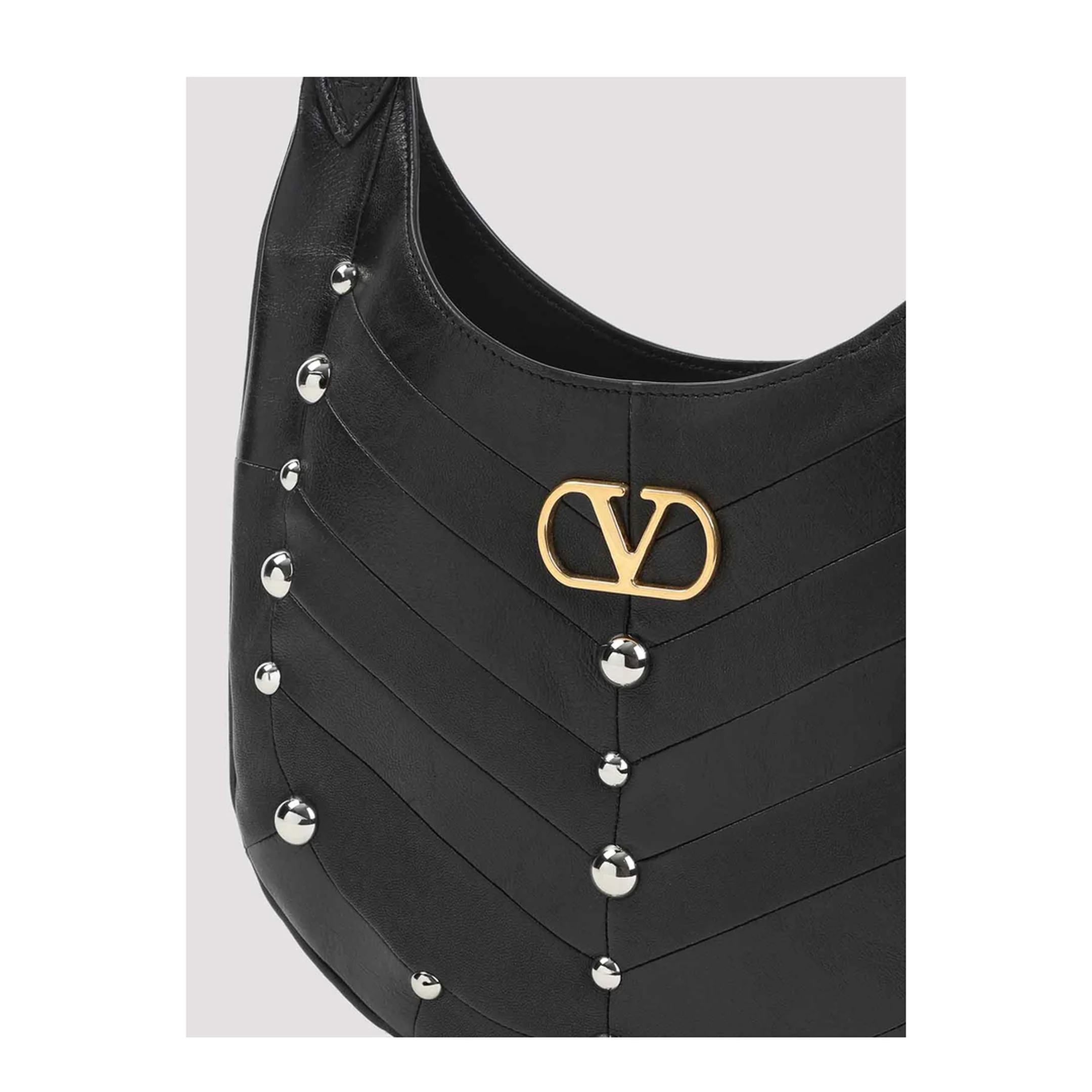 Hoboho Nappa Leather Hobo Bag With Chevron Pattern And Studs Black - Image 5