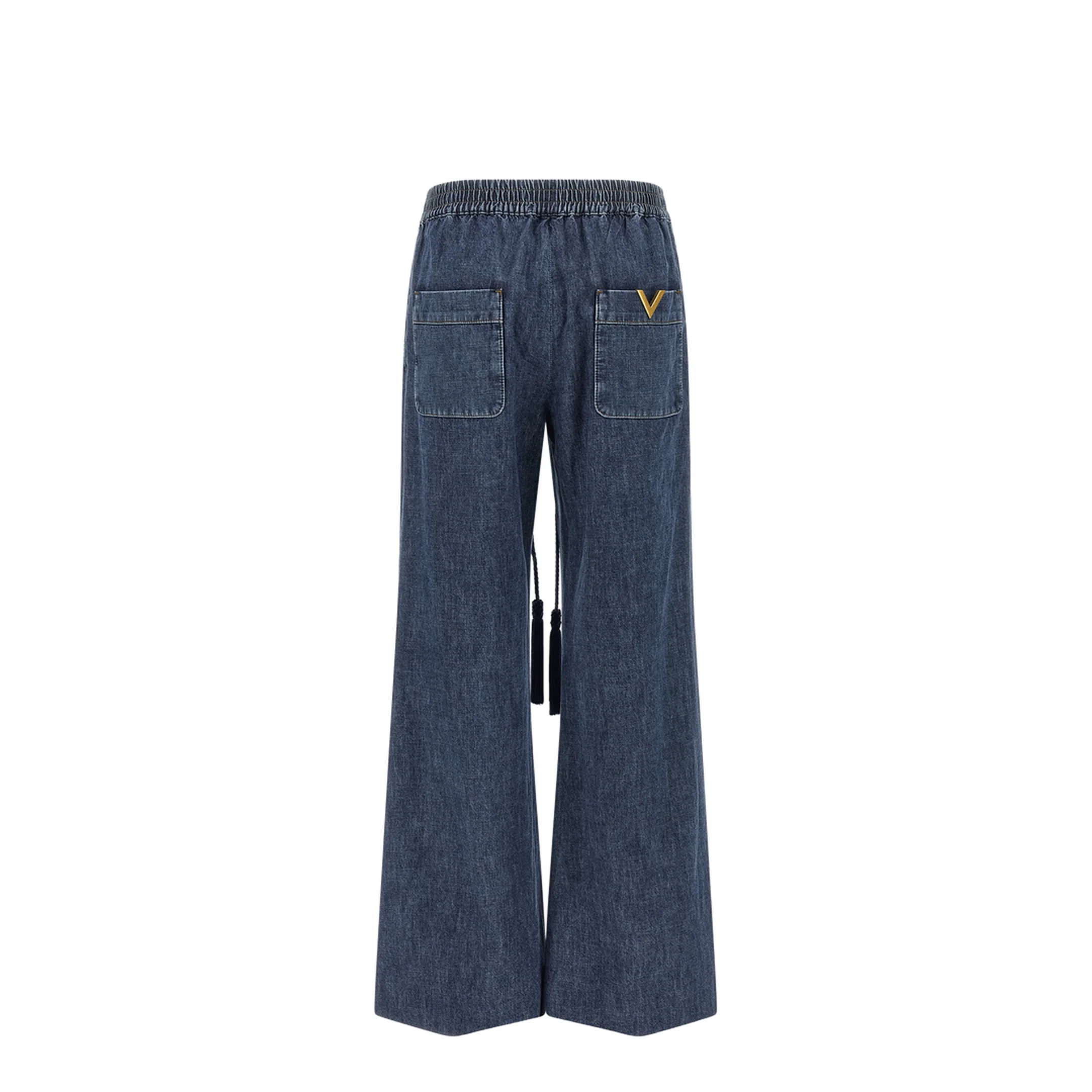 VGold Drawstring Wide Flared Leg Denim Jeans - Blue - Image 2