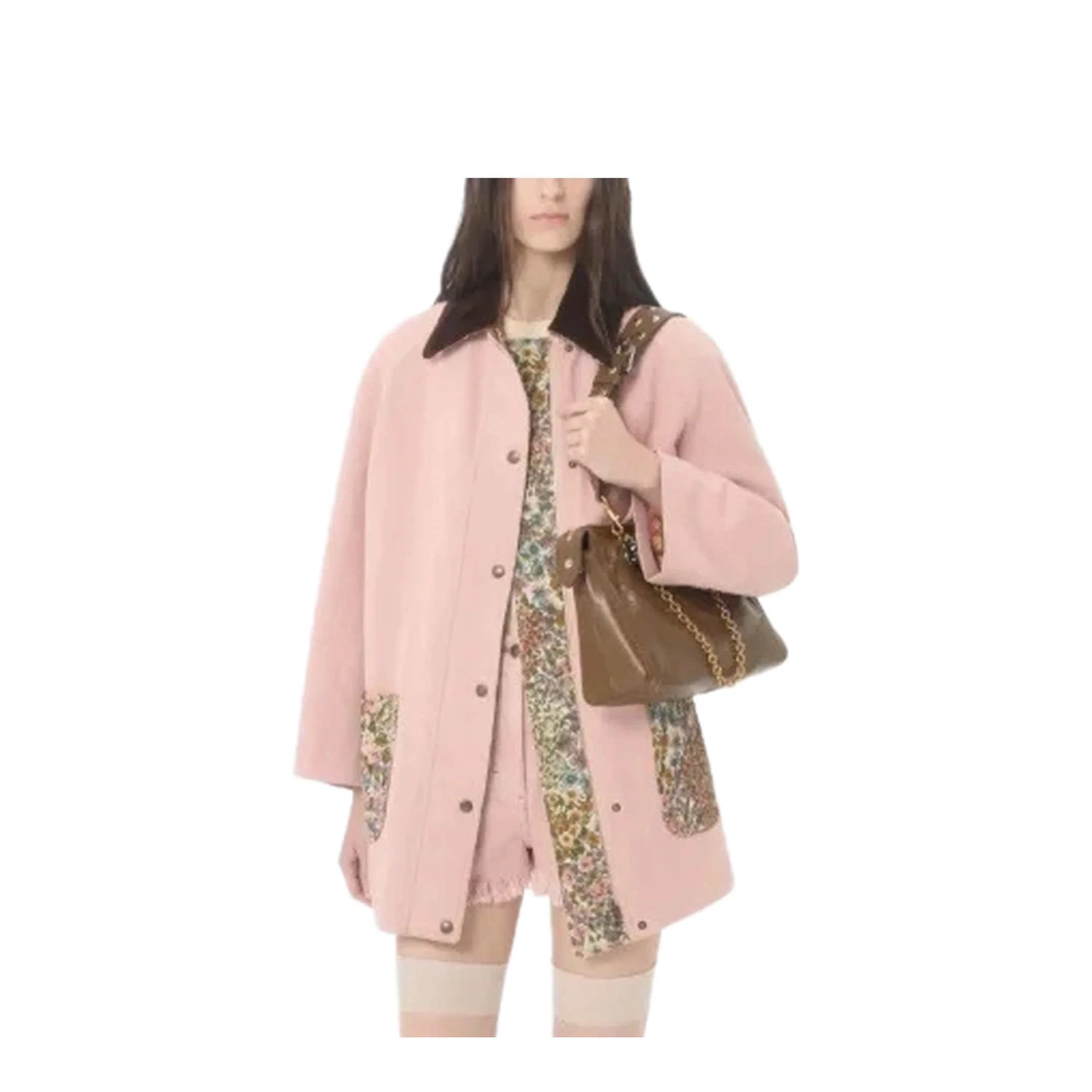 Long Denim Jacket with Floral Pockets Pink - Image 3