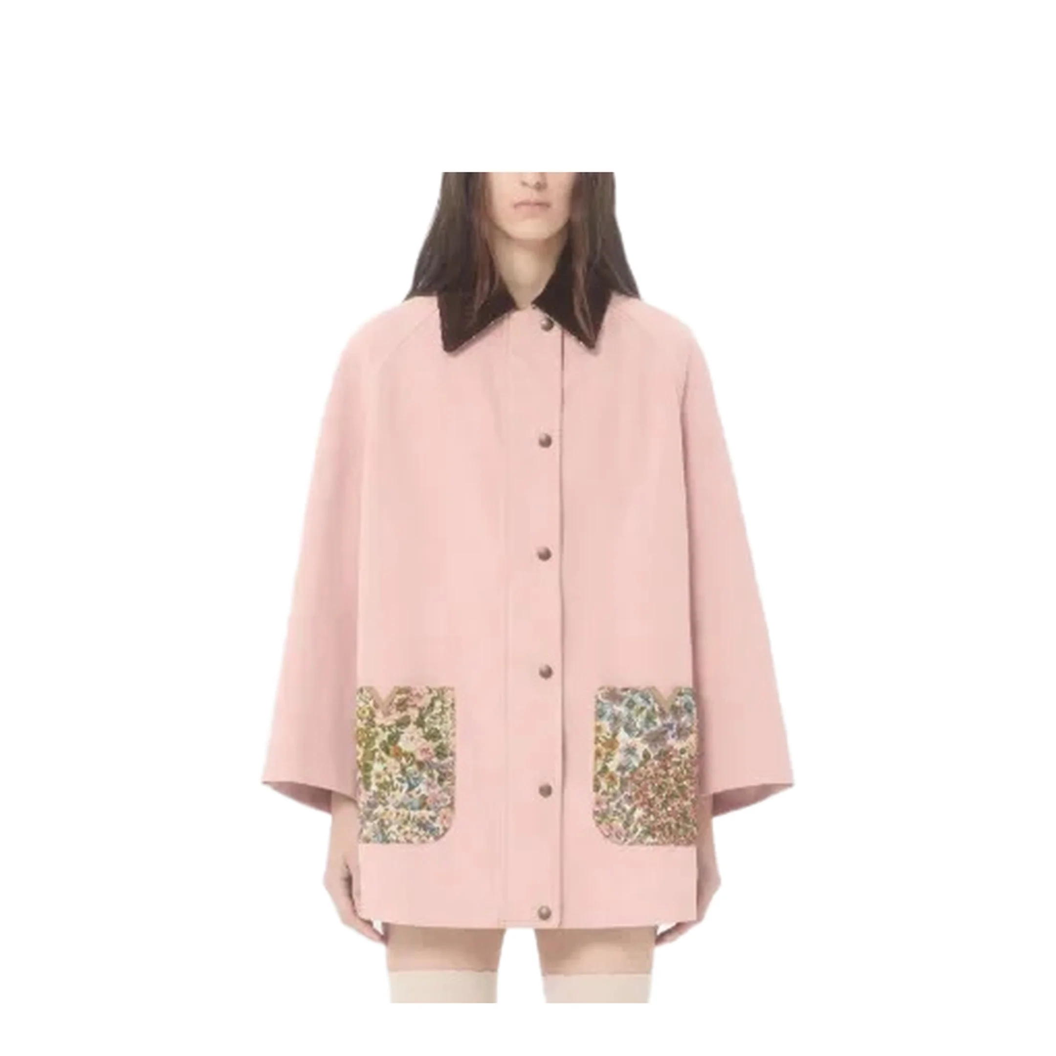 Long Denim Jacket with Floral Pockets Pink - Image 4