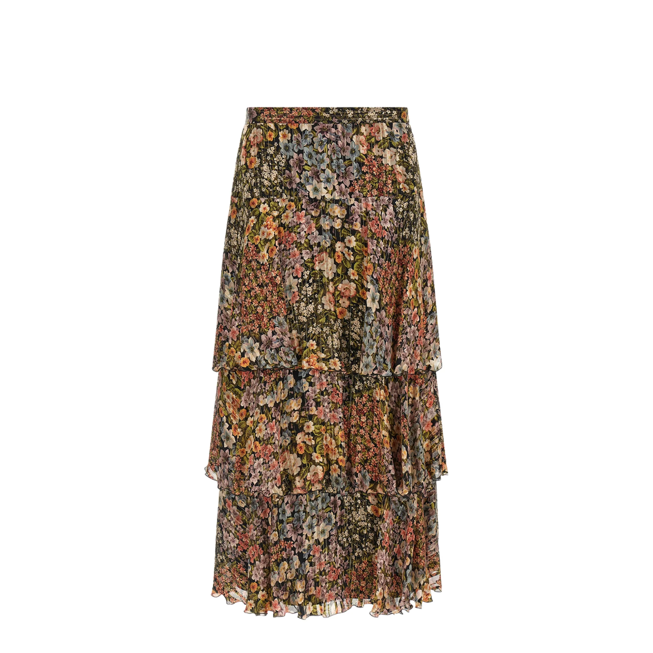 Tiered Floral Metallic Silk Midi Skirt