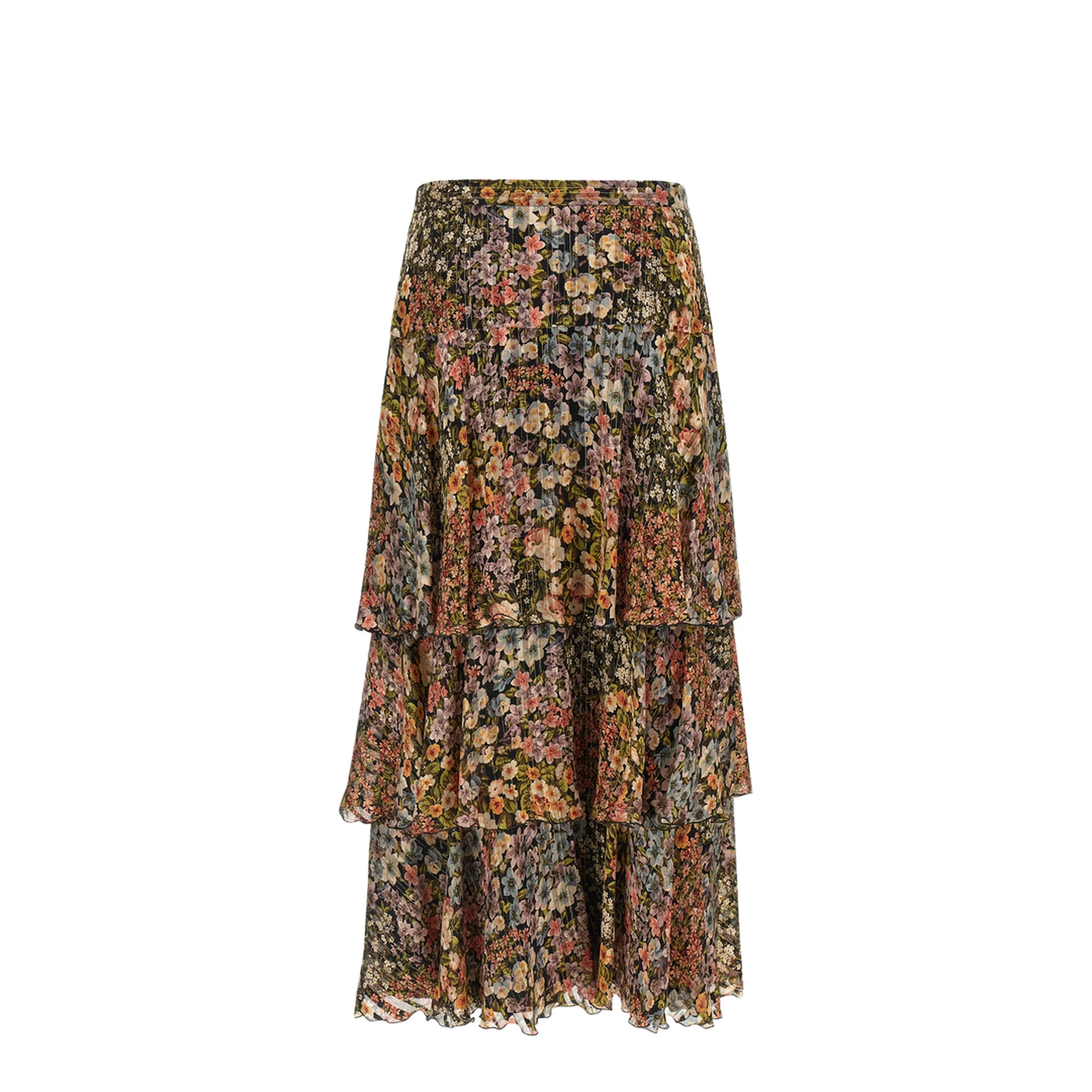 Tiered Floral Metallic Silk Midi Skirt - Image 2