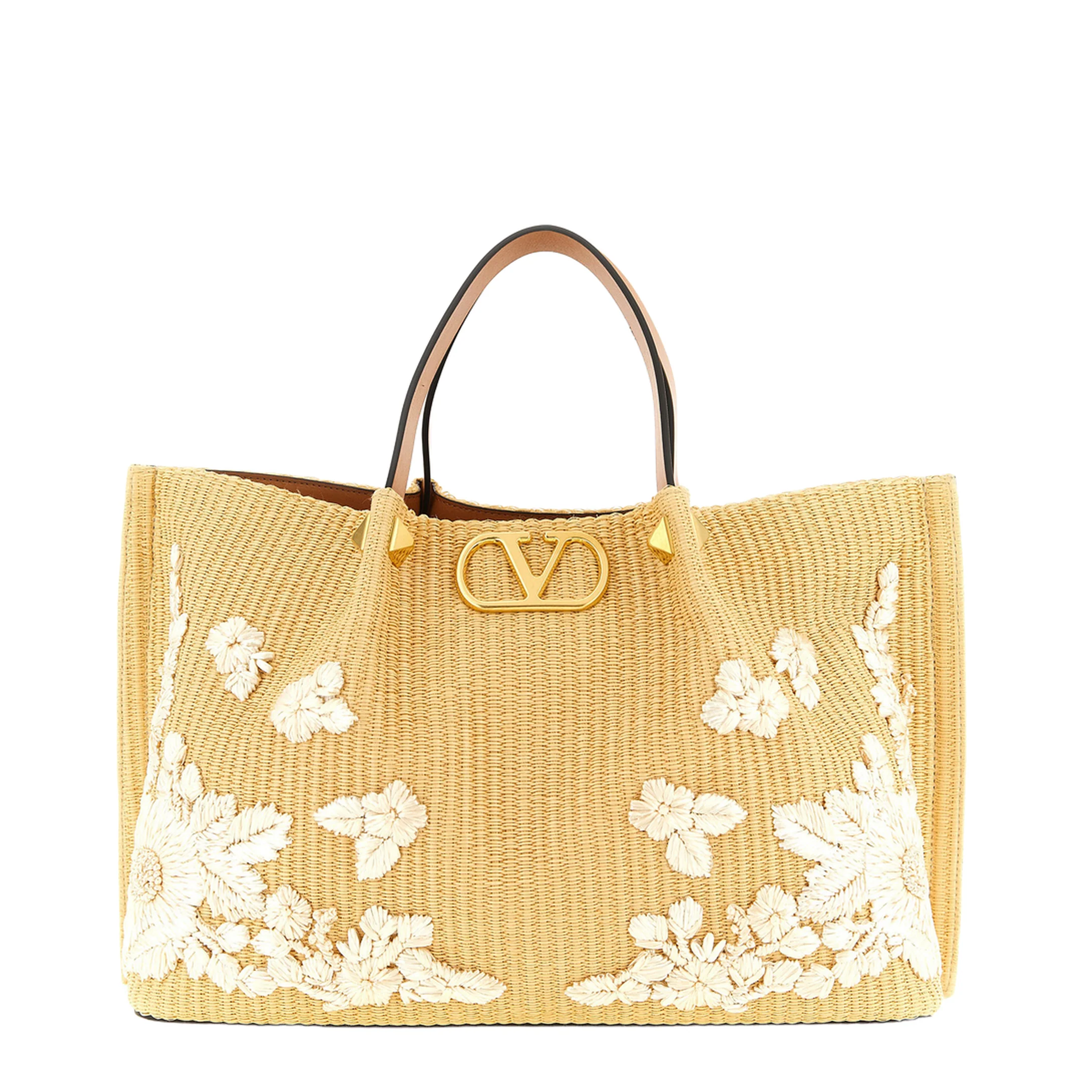Floral Embroidery Medium Woven Tote Bag - Beige