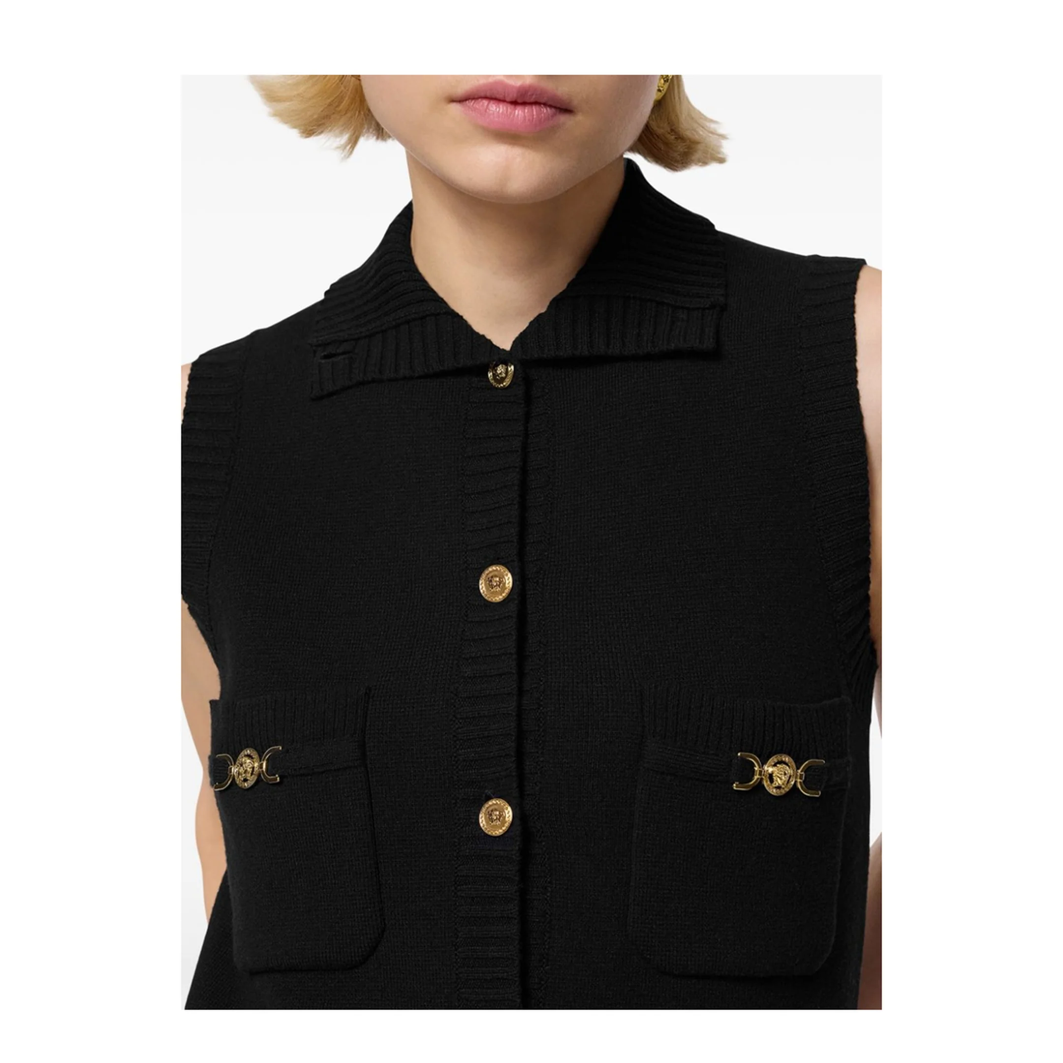 Black Mini Sleeveless Dress with Medusa Detail - Image 3