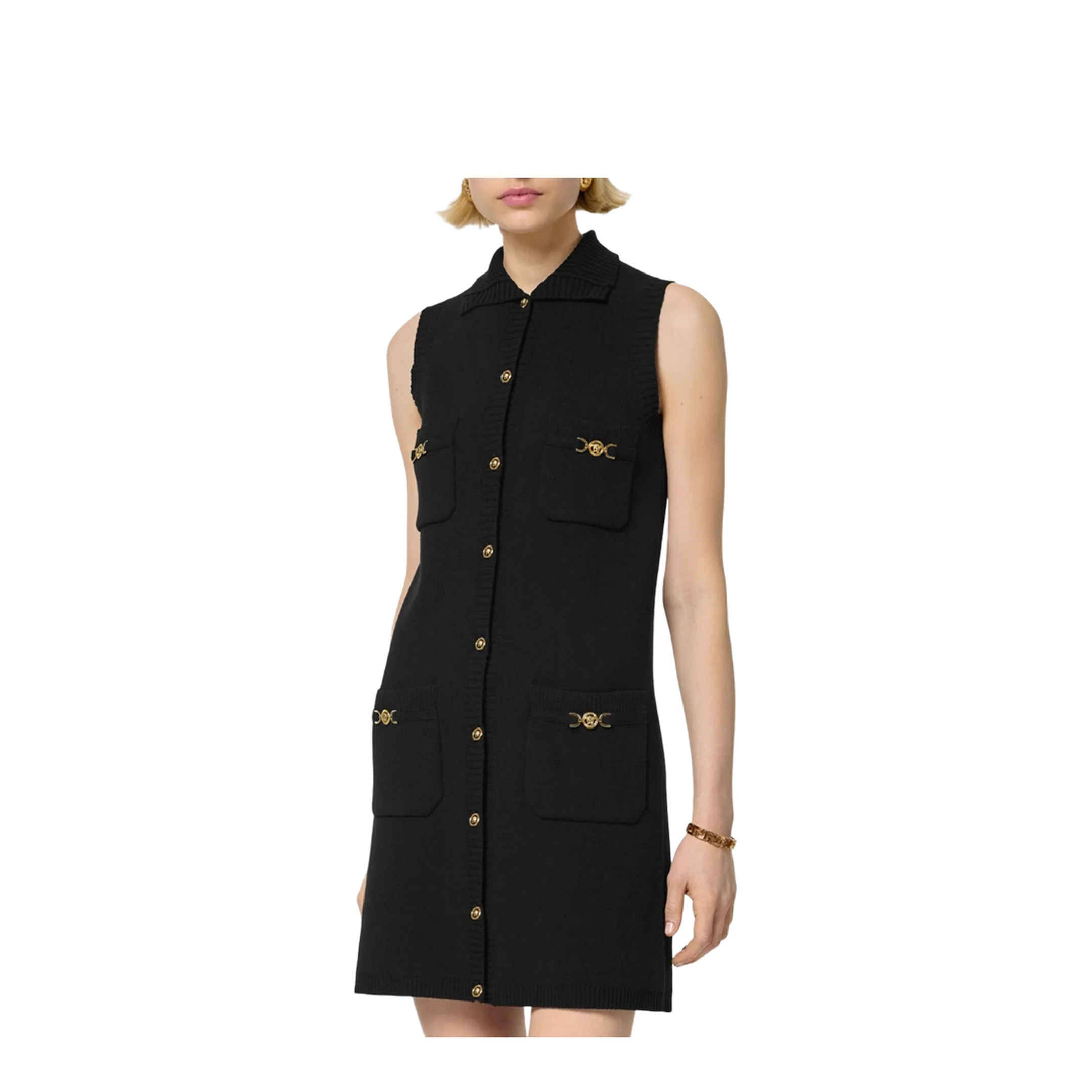 Black Mini Sleeveless Dress with Medusa Detail - Image 4