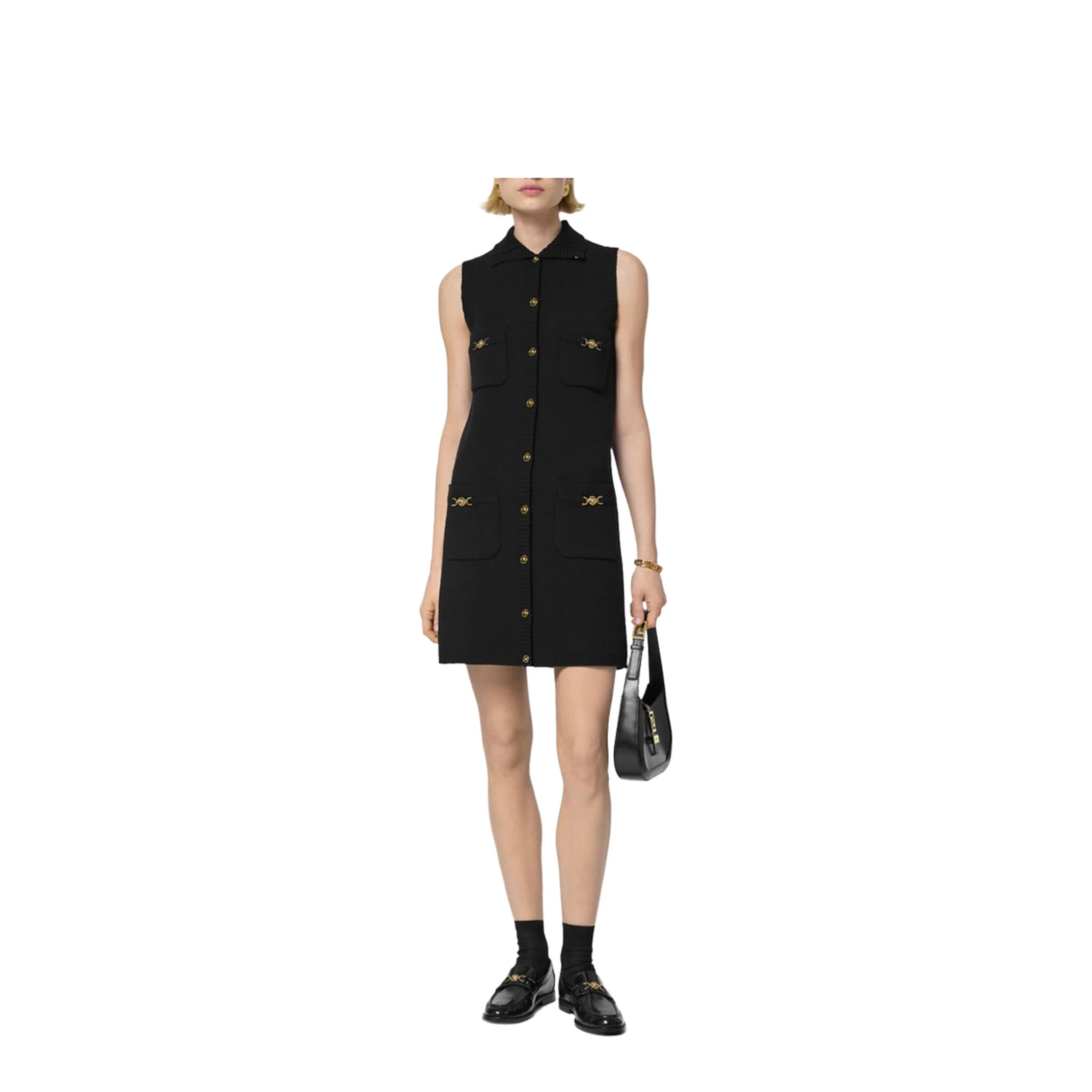 Black Mini Sleeveless Dress with Medusa Detail - Image 5