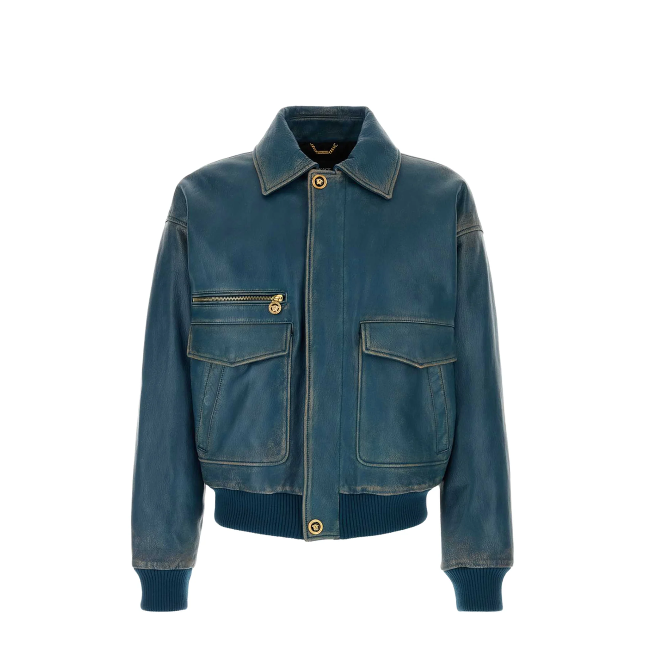 Pocket Zip Leather Jacket Blue