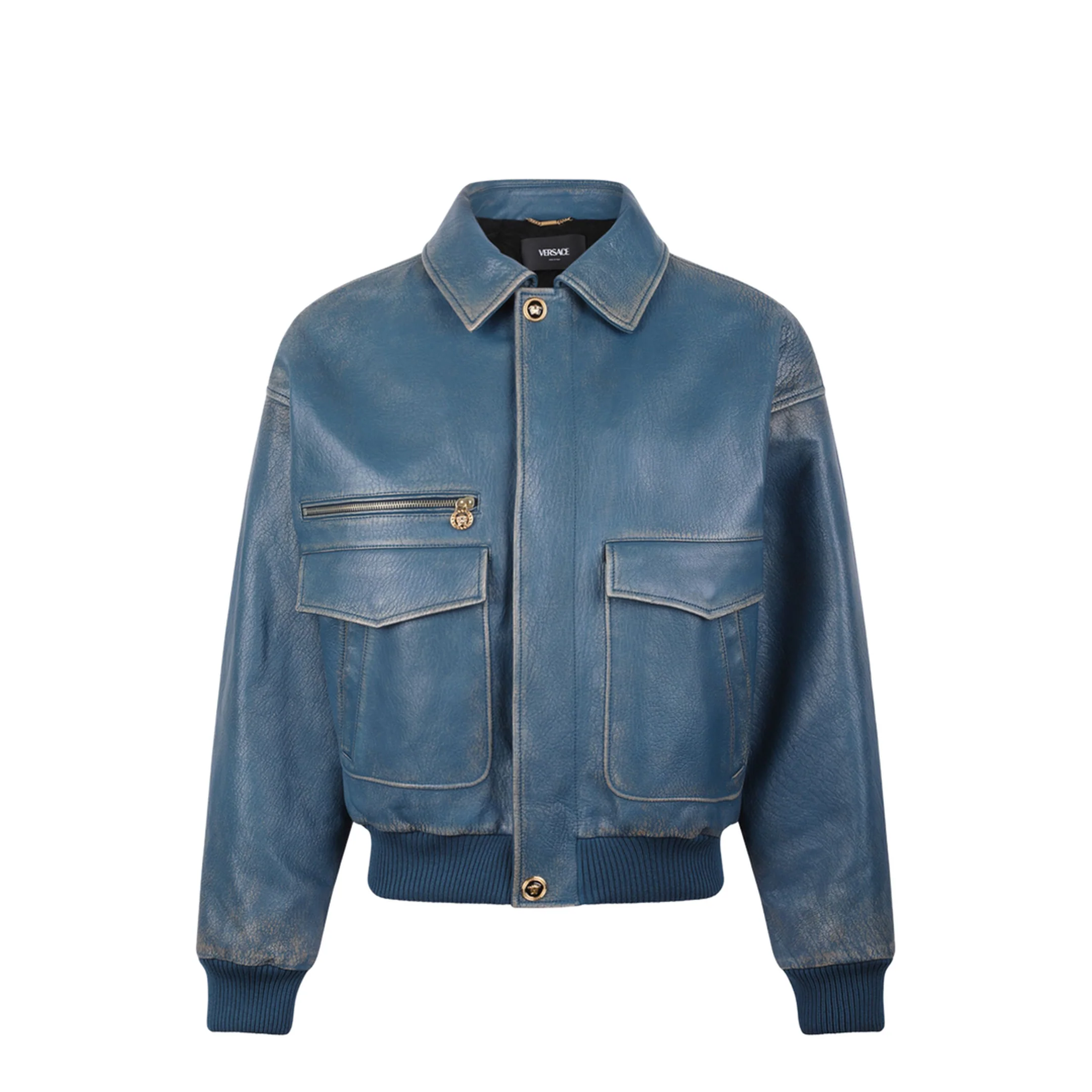 Pocket Zip Leather Jacket Blue - Image 3